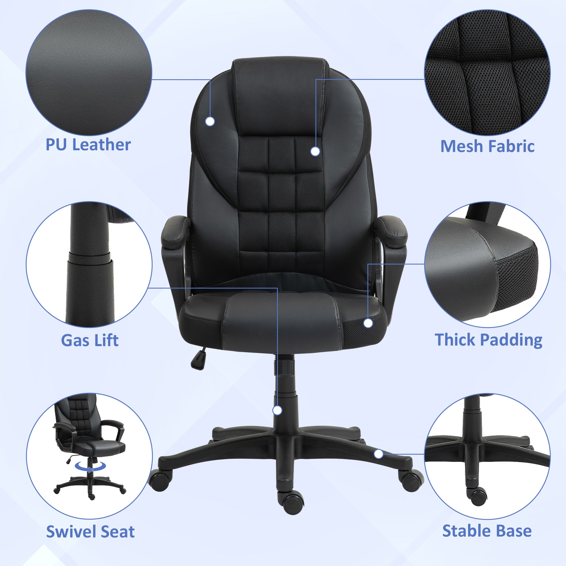 HOMCOM Executive Office Chair, PU Leather High Back Desk Chair, Swivel Computer Chair with Adjustable Height and Tilt Function in Black-3