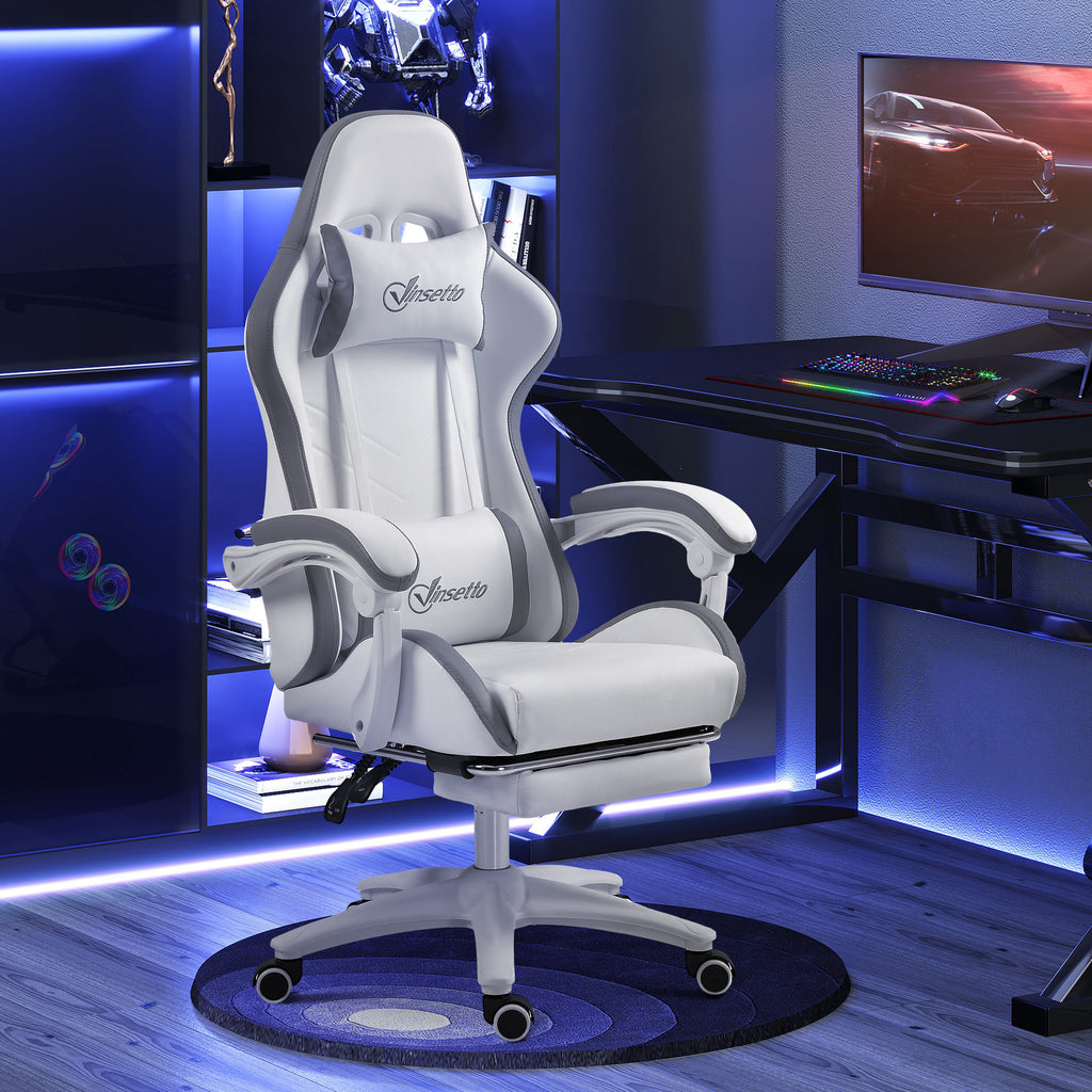 Racing Gaming Chair, Reclining PU Leather Computer Chair w/ 360 Degree Swivel Seat, Footrest, Headrest & Lumber, White | Vinsetto-8