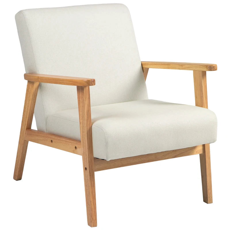 HOMCOM Fabric Accent Chair for Living Room, Arm Chair with Rubber Wood Frame and Padded Cushion in Cream White-0