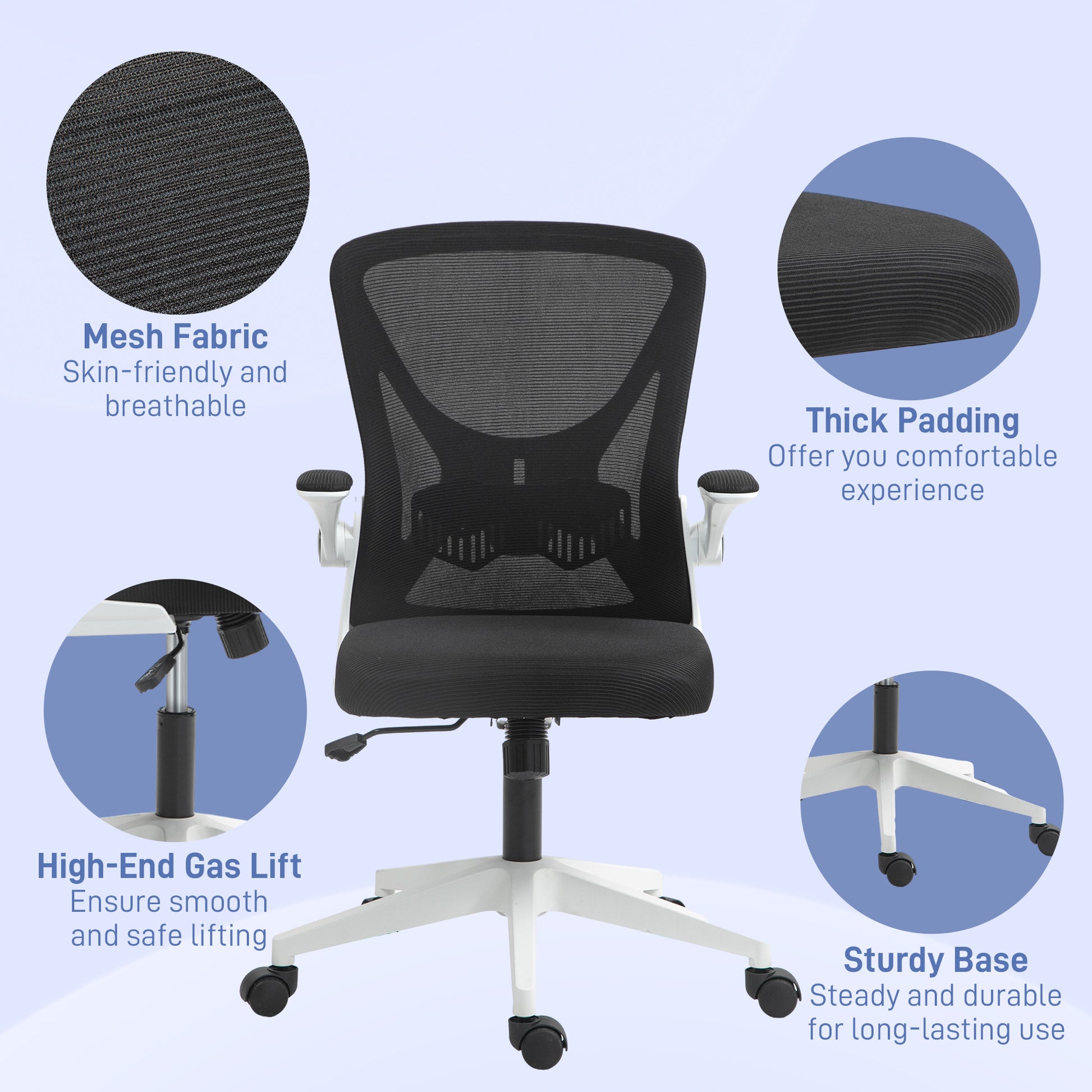 Mesh Office Chair with Flip-Up Armrests, Adjustable Height, Tilt, Ergonomic Desk Chair, Black & White | Vinsetto-7