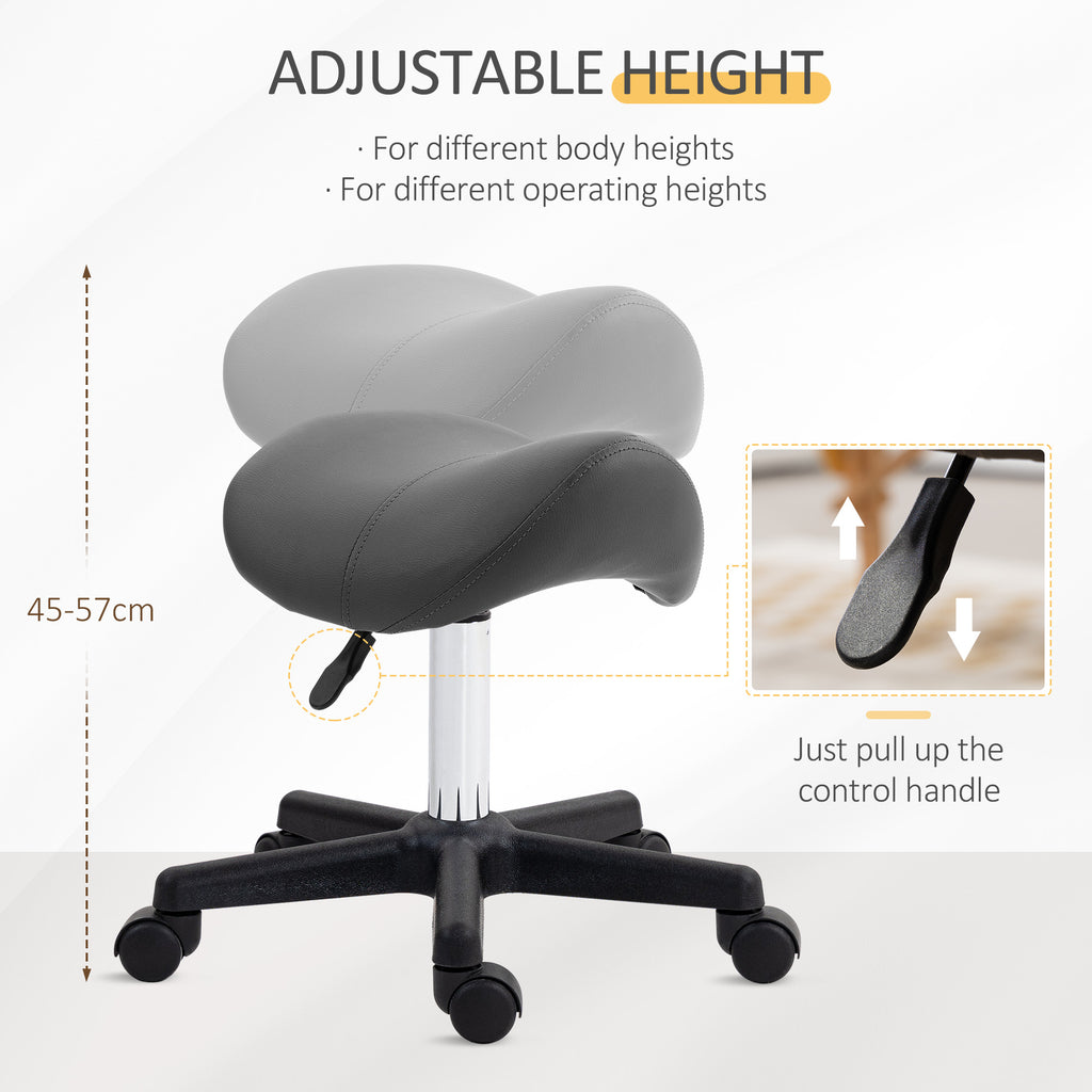 Saddle Stool, PU Leather Adjustable Rolling Salon Chair with Steel Frame for Massage, Spa, Beauty and Tattoo, Grey | HOMCOM-2
