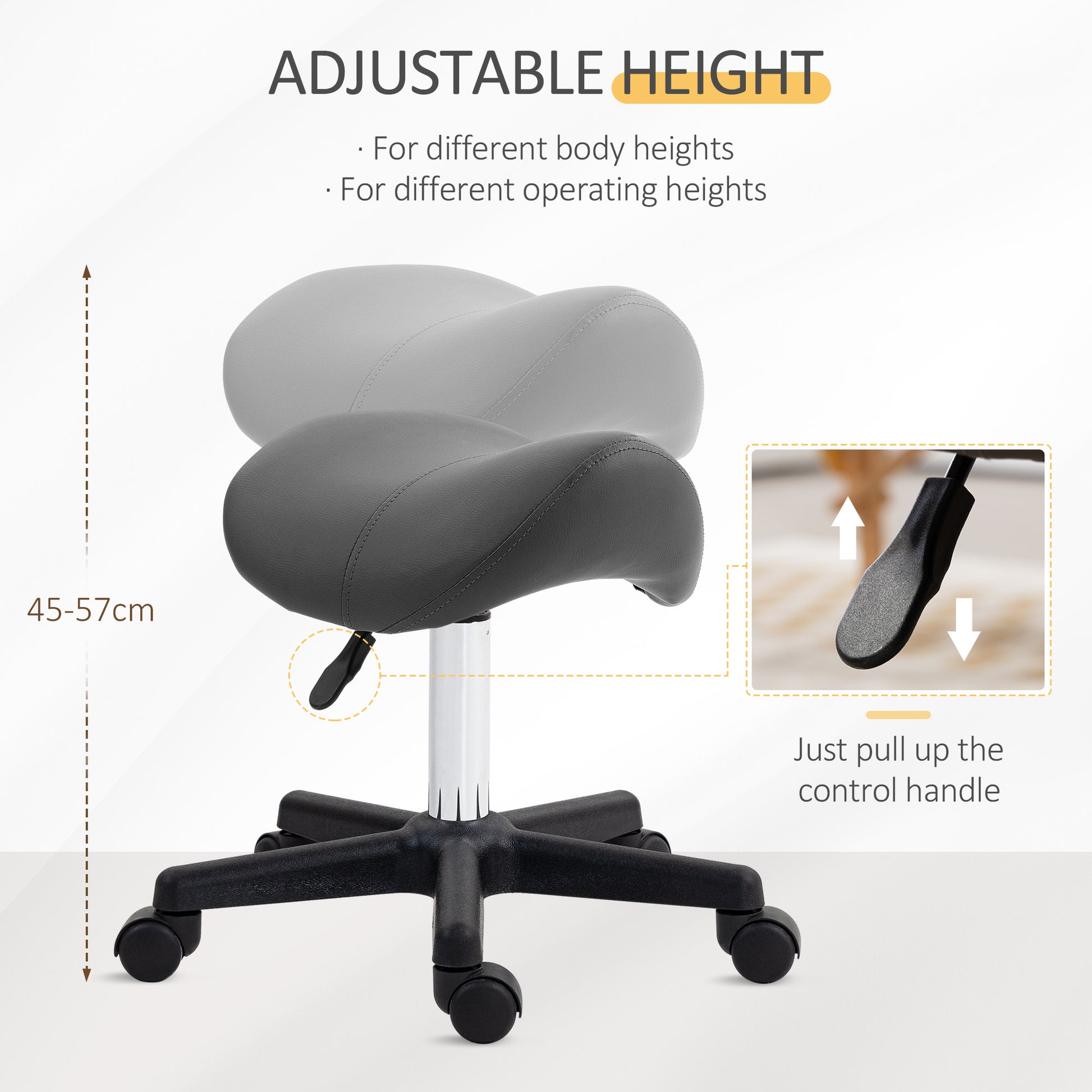 Saddle Stool, PU Leather Adjustable Rolling Salon Chair with Steel Frame for Massage, Spa, Beauty and Tattoo, Grey | HOMCOM-2