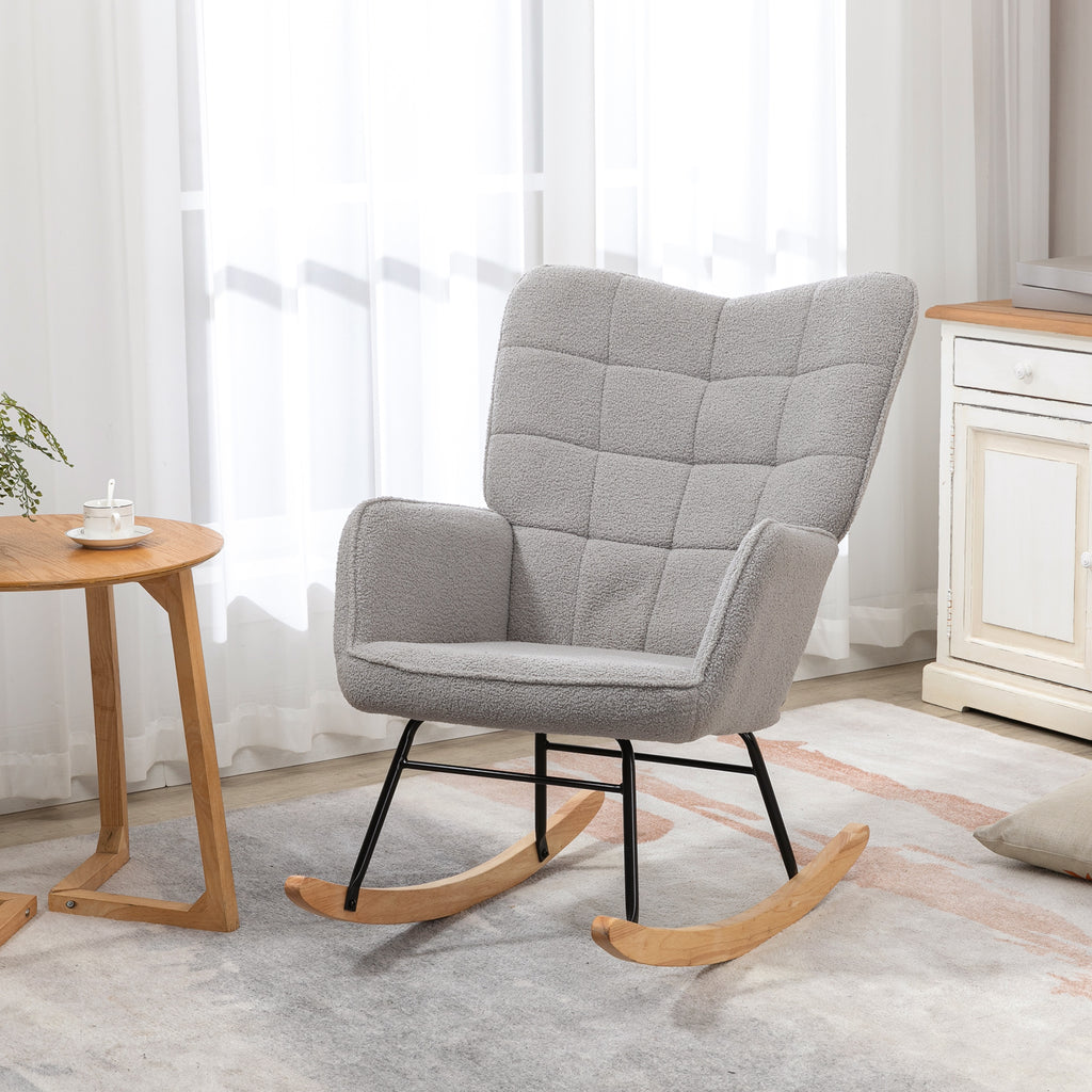 HOMCOM Berber Fleece Nursery Glider Rocker for Nursing, Wingback Rocking Chair for Living Room in Light Grey-8