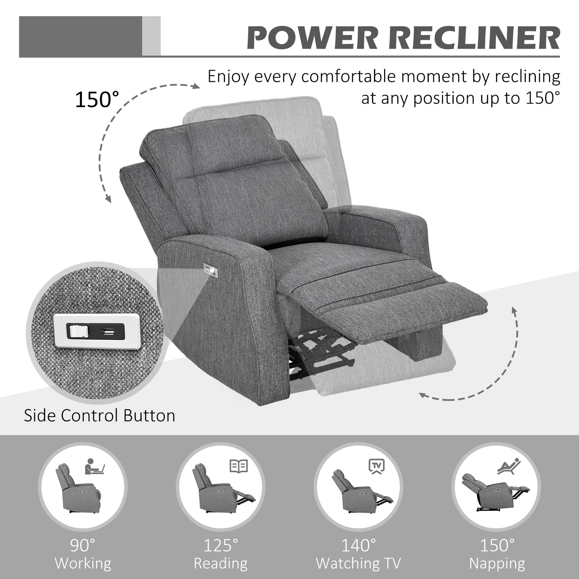Electric Recliner Armchair, Recliner Chair with Adjustable Leg Rest, USB Port, Charcoal Grey | HOMCOM-2