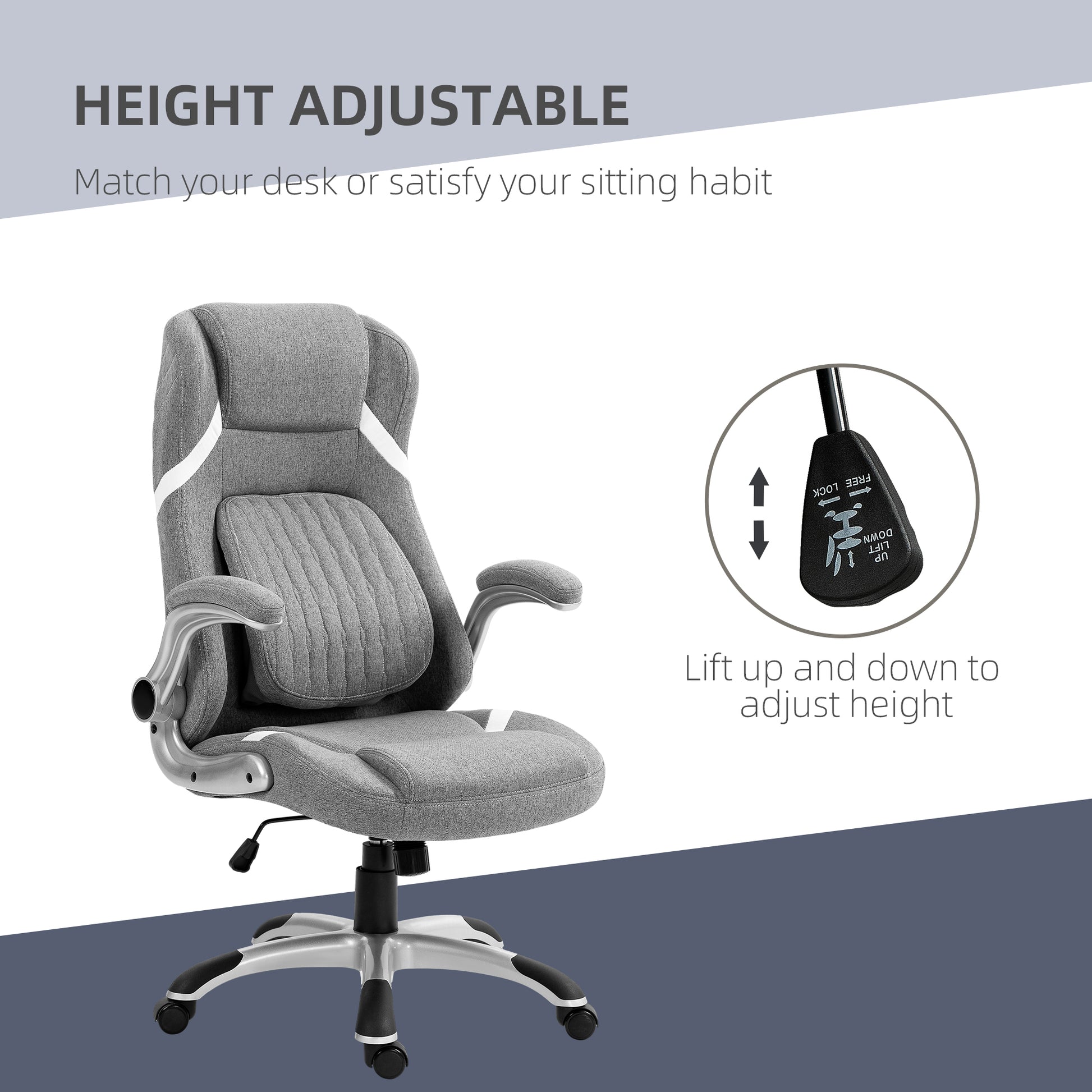 Vinsetto Ergonomic Desk Chair with Adjustable Height and Tension, Armrests, Linen-Look Home Office Chair in Grey-2