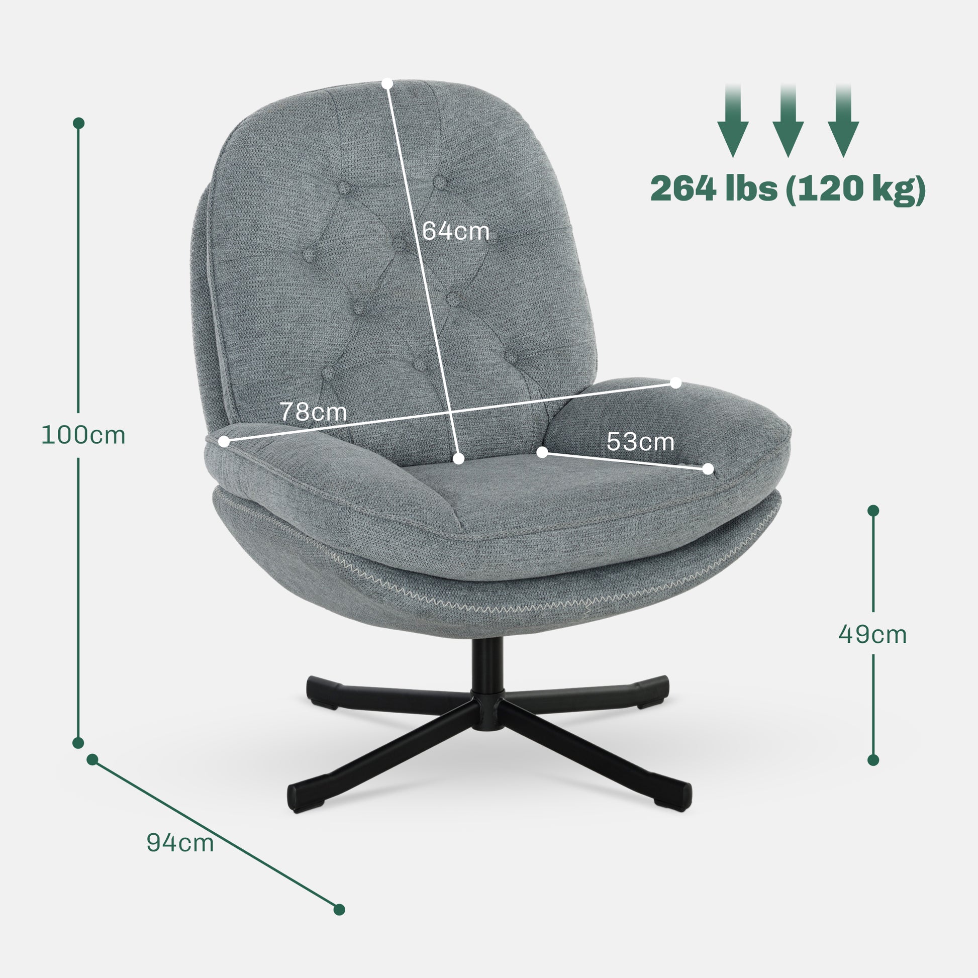 HOMCOM Armchair with 360 Degree Swivel and Wide Padded Seat, Upholstered Accent Chair with Water-Repellent Chenille Fabric Occasional Chair for Living Room Bedroom Home Office Reception Balcony in Grey-1