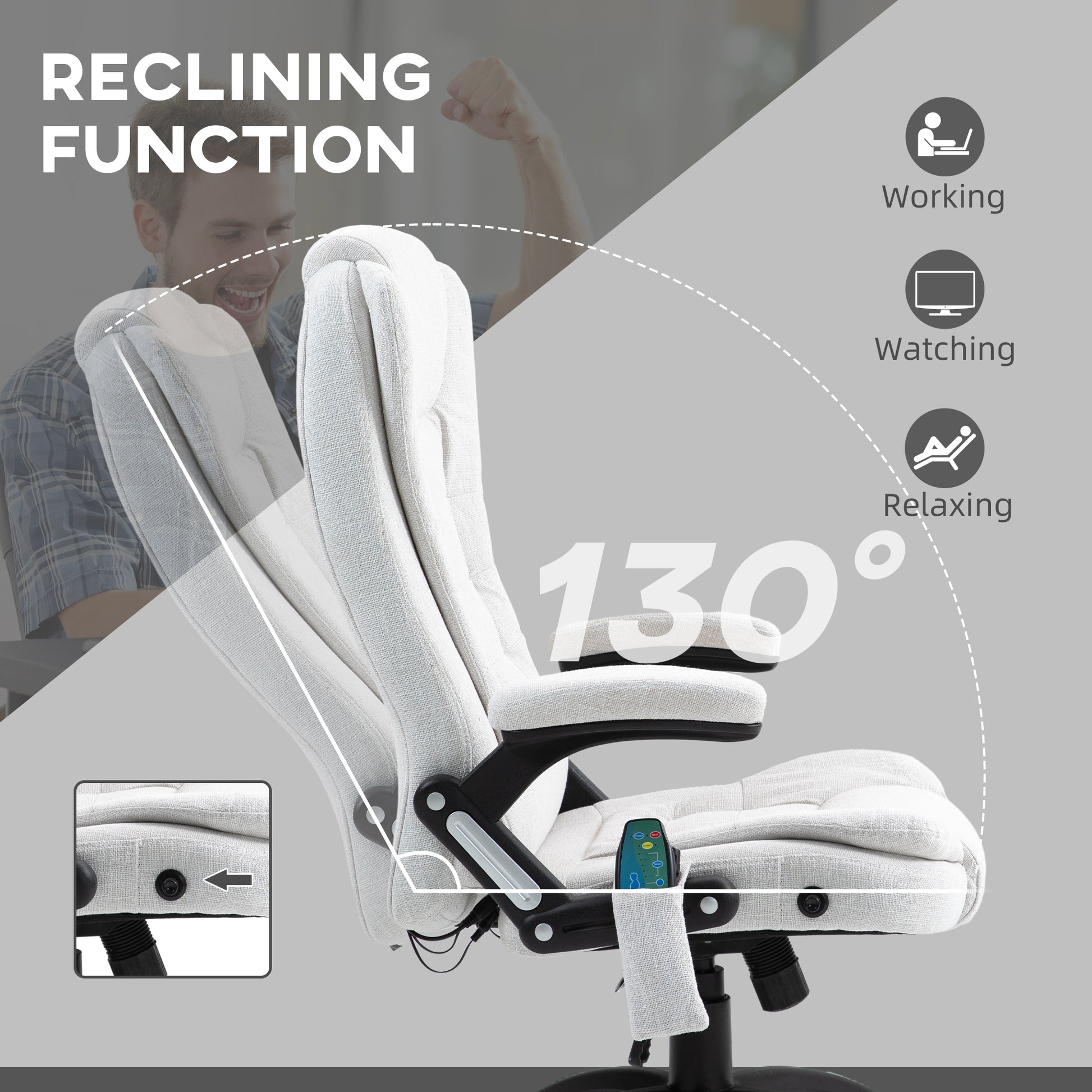 Vinsetto Massage Office Chair with 6 Heated Vibration Points, Executive Office Chair with Linen-Feel Fabric 360°, Swivel Wheels in Cream White-5