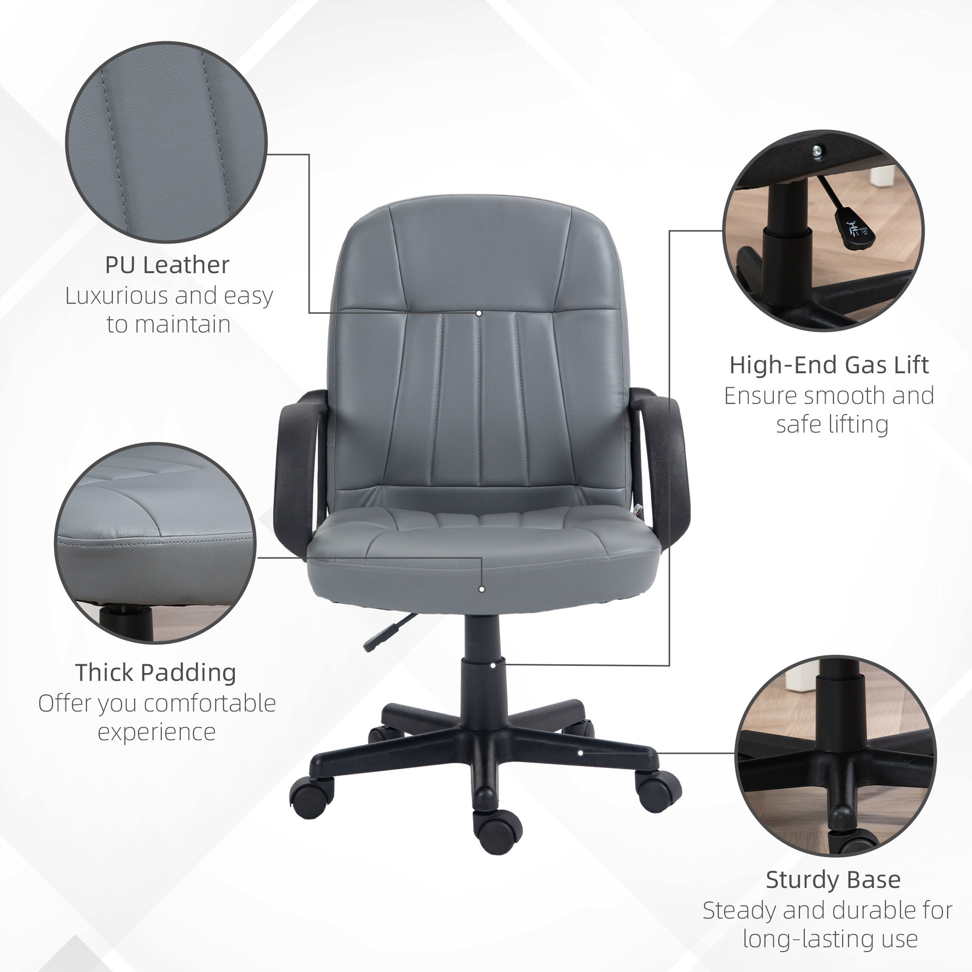 Swivel Executive Office Chair, PU Leather Computer Desk Chair, Adjustable Home Office Chair, Gaming Seater, Grey | Vinsetto-4