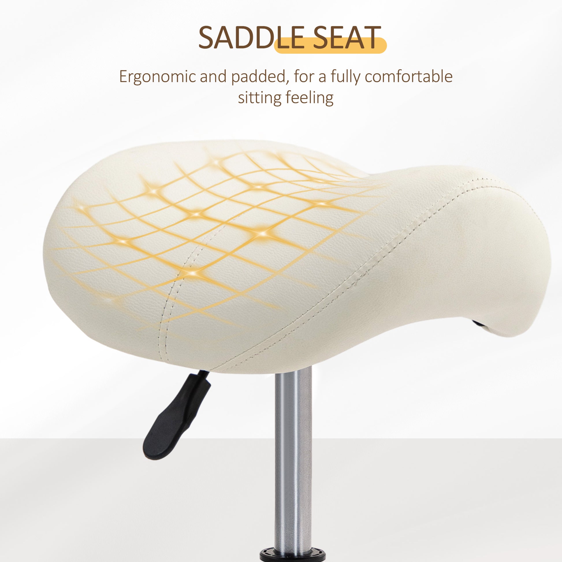 Saddle Stool, PU Leather Adjustable Rolling Salon Chair with Steel Frame for Massage, Spa, Beauty and Tattoo, White | HOMCOM-4