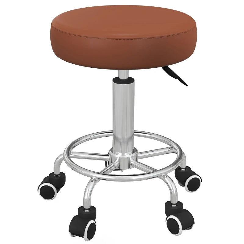 PU Leather Rolling Stool, Height Adjustable Stool Chair with Wheels for Salon, Massage, Spa, Brown | Vinsetto-0
