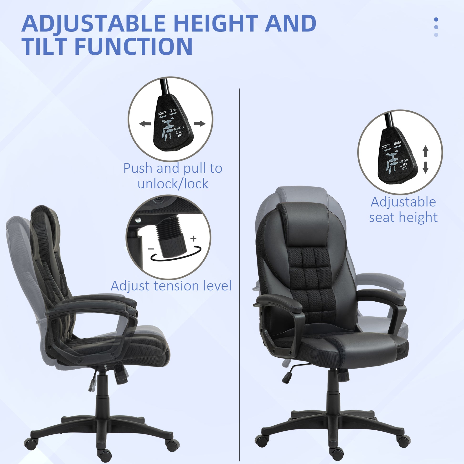 HOMCOM Executive Office Chair, PU Leather High Back Desk Chair, Swivel Computer Chair with Adjustable Height and Tilt Function in Black-2