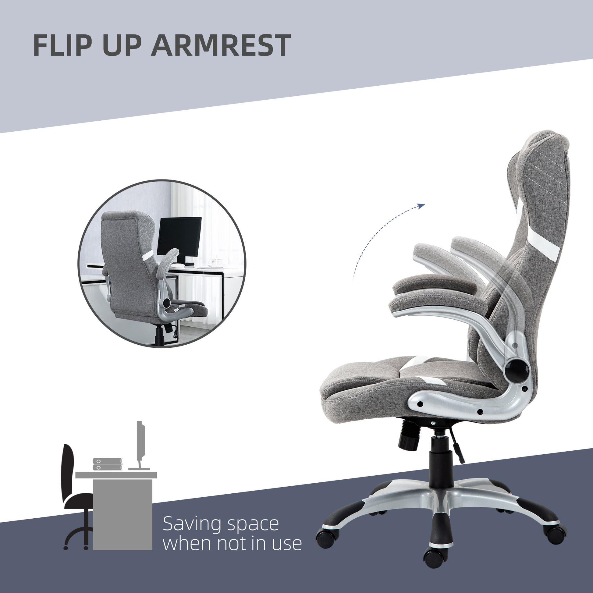 Vinsetto Ergonomic Desk Chair with Adjustable Height and Tension, Armrests, Linen-Look Home Office Chair in Grey-5