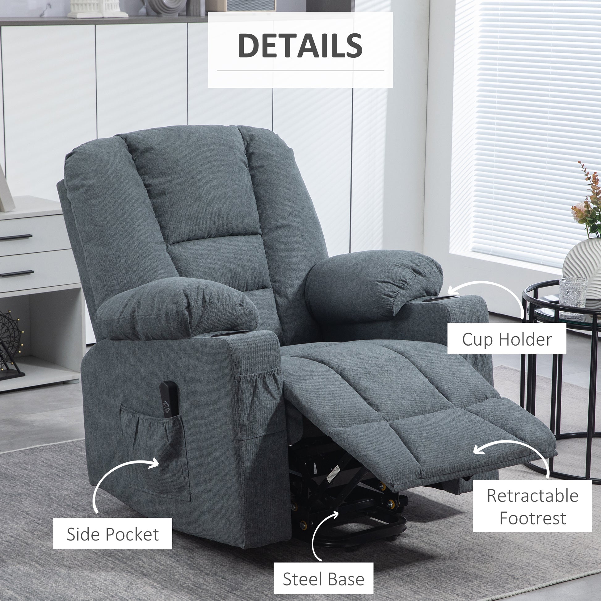 Oversized Riser and Recliner Chairs for the Elderly, Fabric Upholstered Lift Chair for Living Room w/ Remote Control, Side Pockets | HOMCOM-4