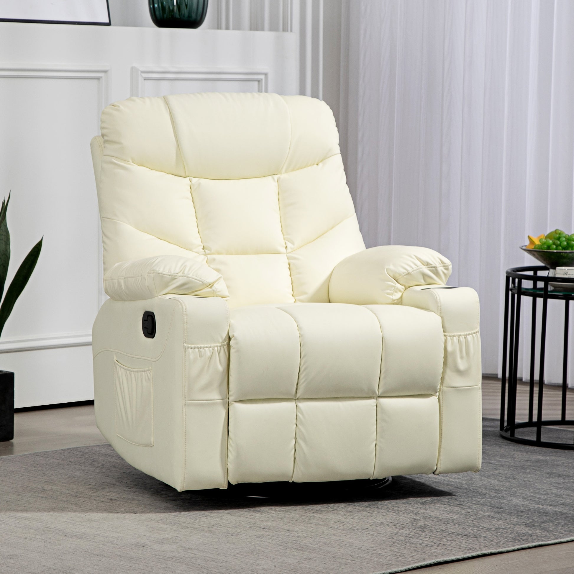 Manual Reclining Chair, Recliner Armchair with Swivel, Faux Leather, Footrest, Cup Holders, 86x93x102cm, Cream | HOMCOM-8