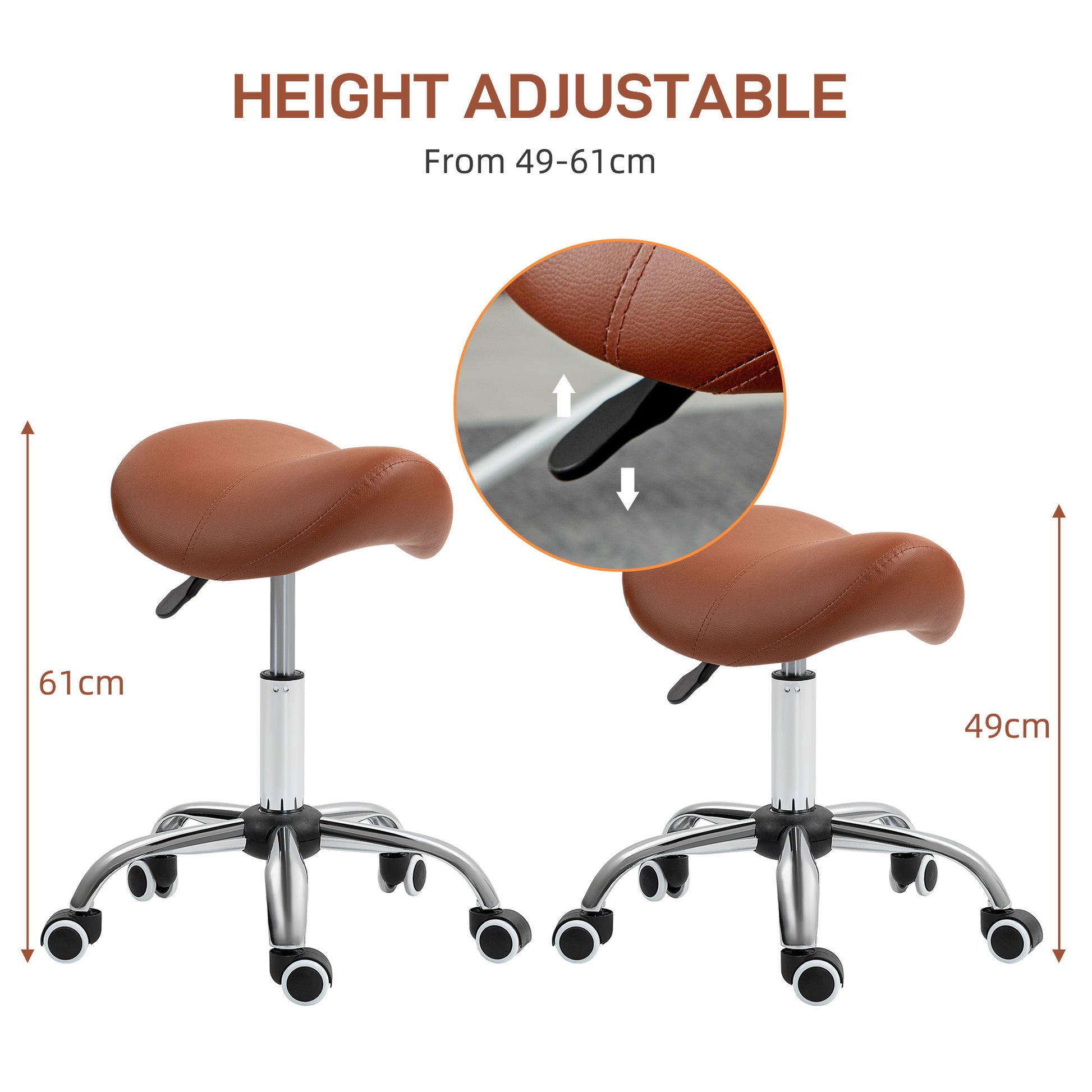 Saddle Stool, Height Adjustable Salon Chair for Massage Spa, Faux Leather, Brown | HOMCOM-2