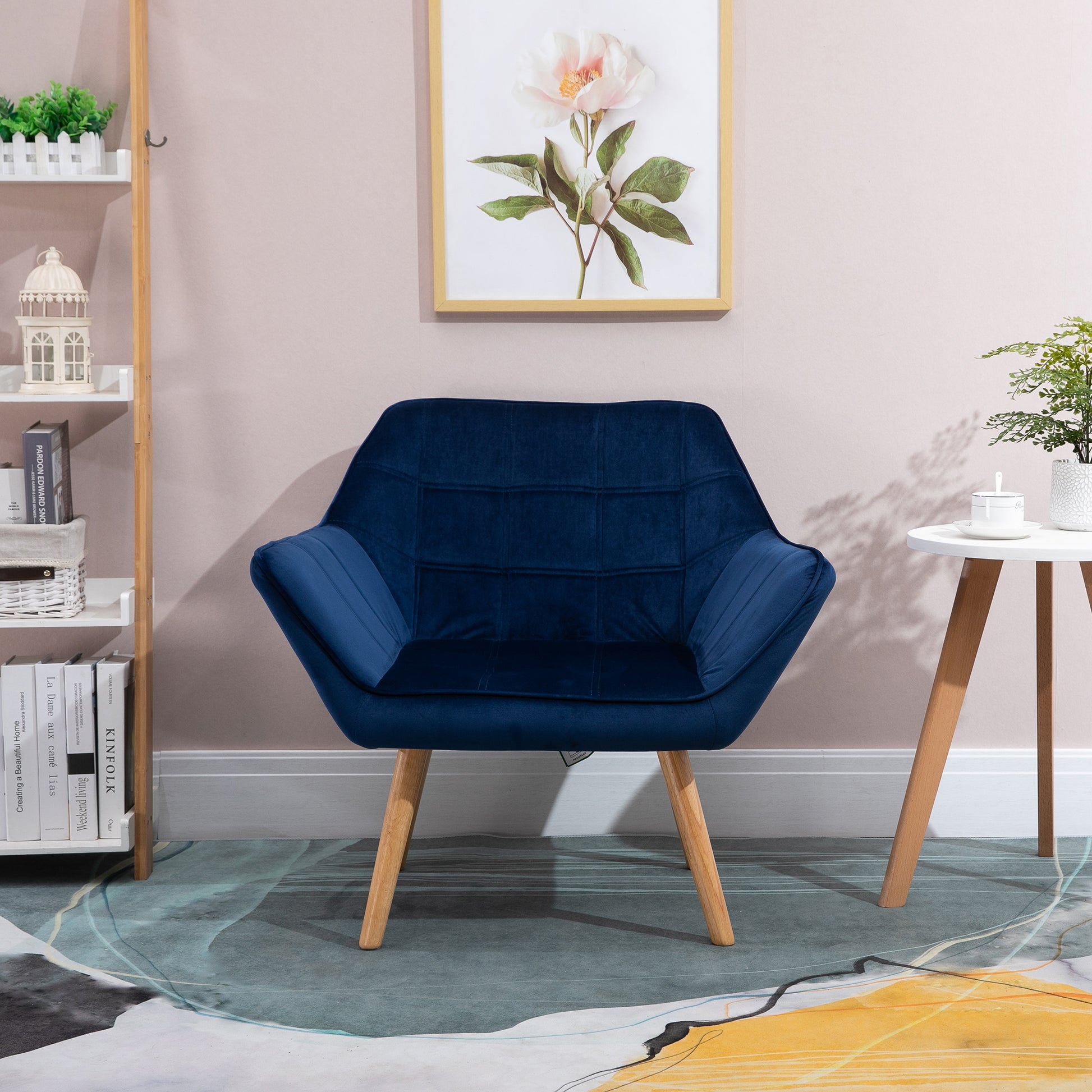 Home Accent Armchair Wide Arms Slanted Back Padding Iron Frame Wooden Legs in Blue | HOMCOM-7