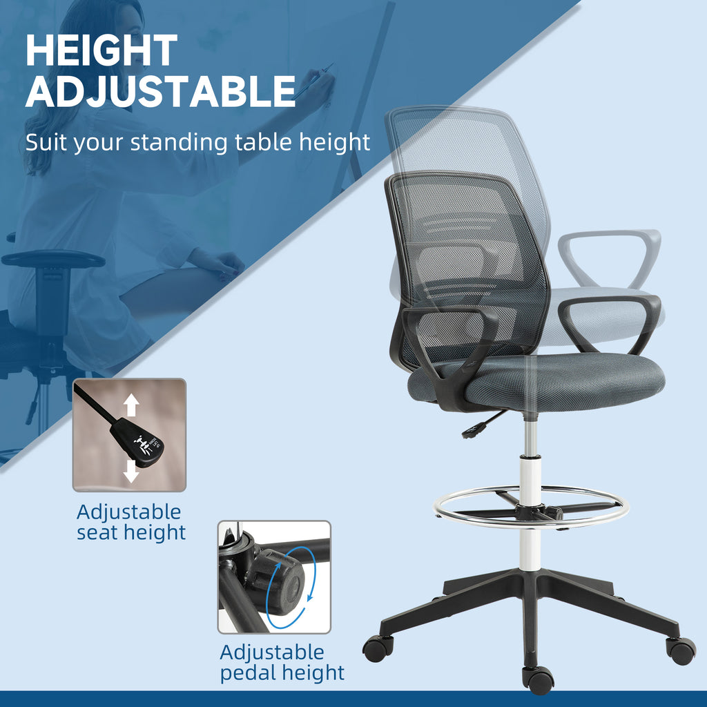 Vinsetto Ergonomic Mesh Back Drafting Chair Draughtsman Chair with Adjustable Height in Grey-4