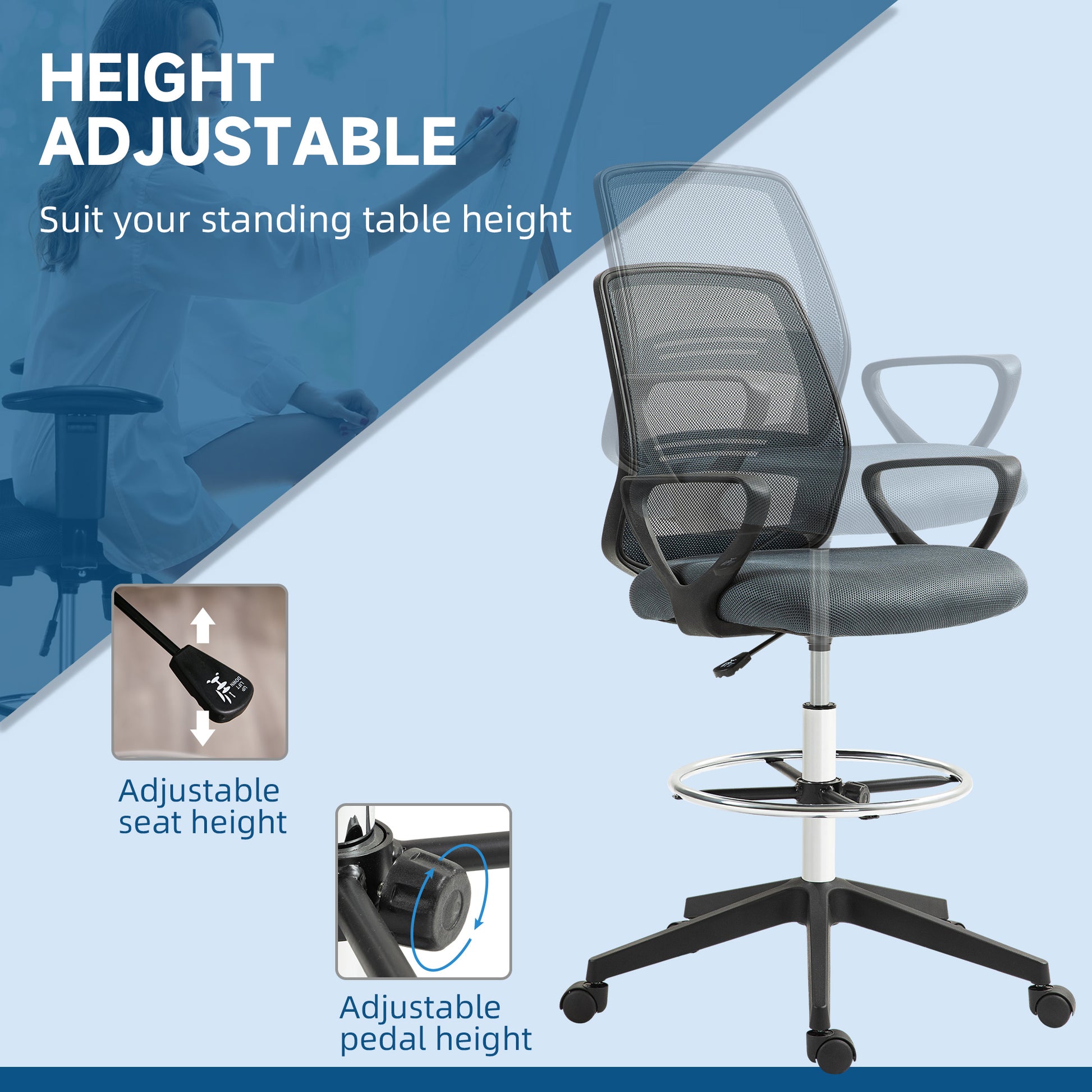 Vinsetto Ergonomic Mesh Back Drafting Chair Draughtsman Chair with Adjustable Height in Grey-4