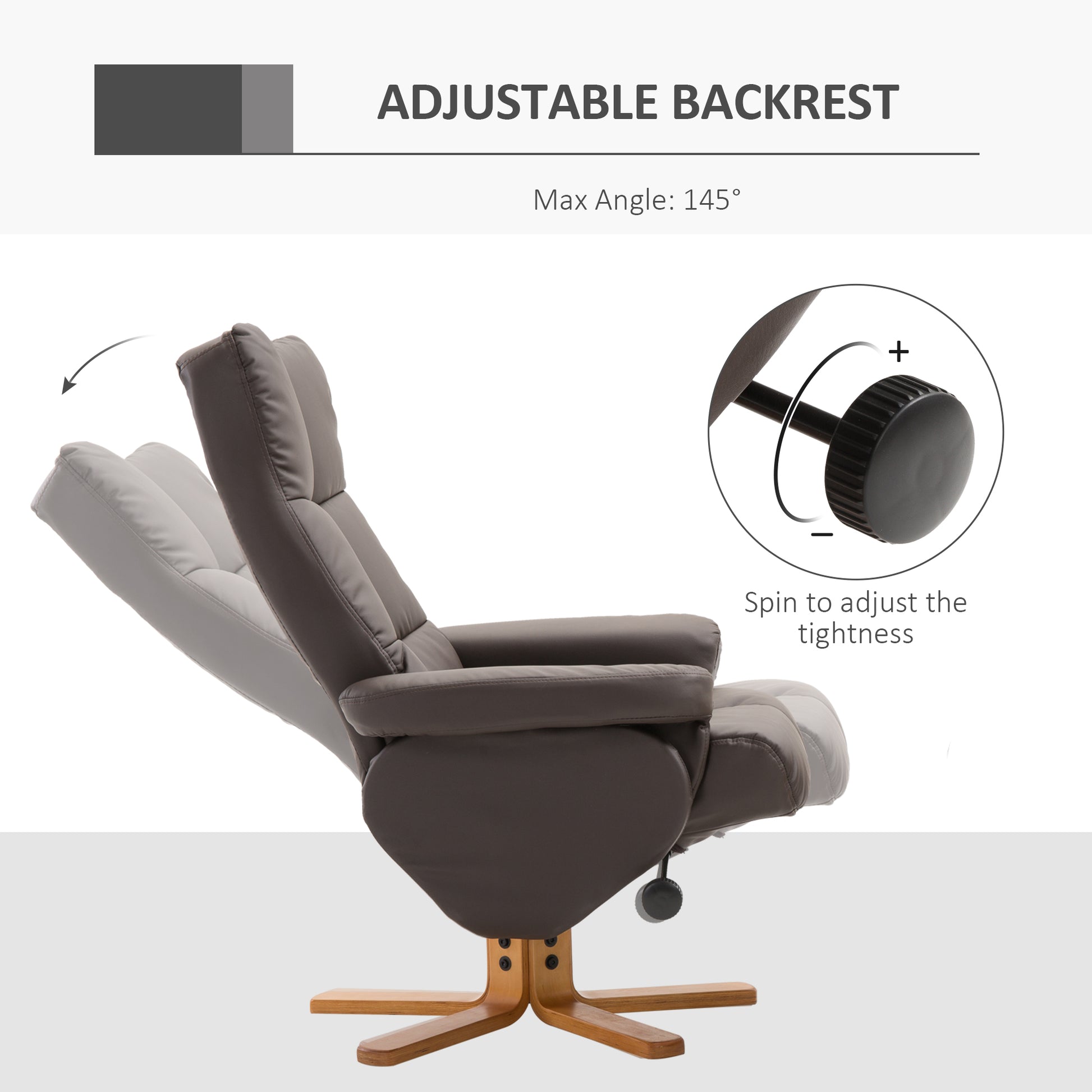 Faux Leather Swivel Recliner Chair with Footstool, Armchair with Wooden Base and Storage for Living Room in Brown | HOMCOM-2