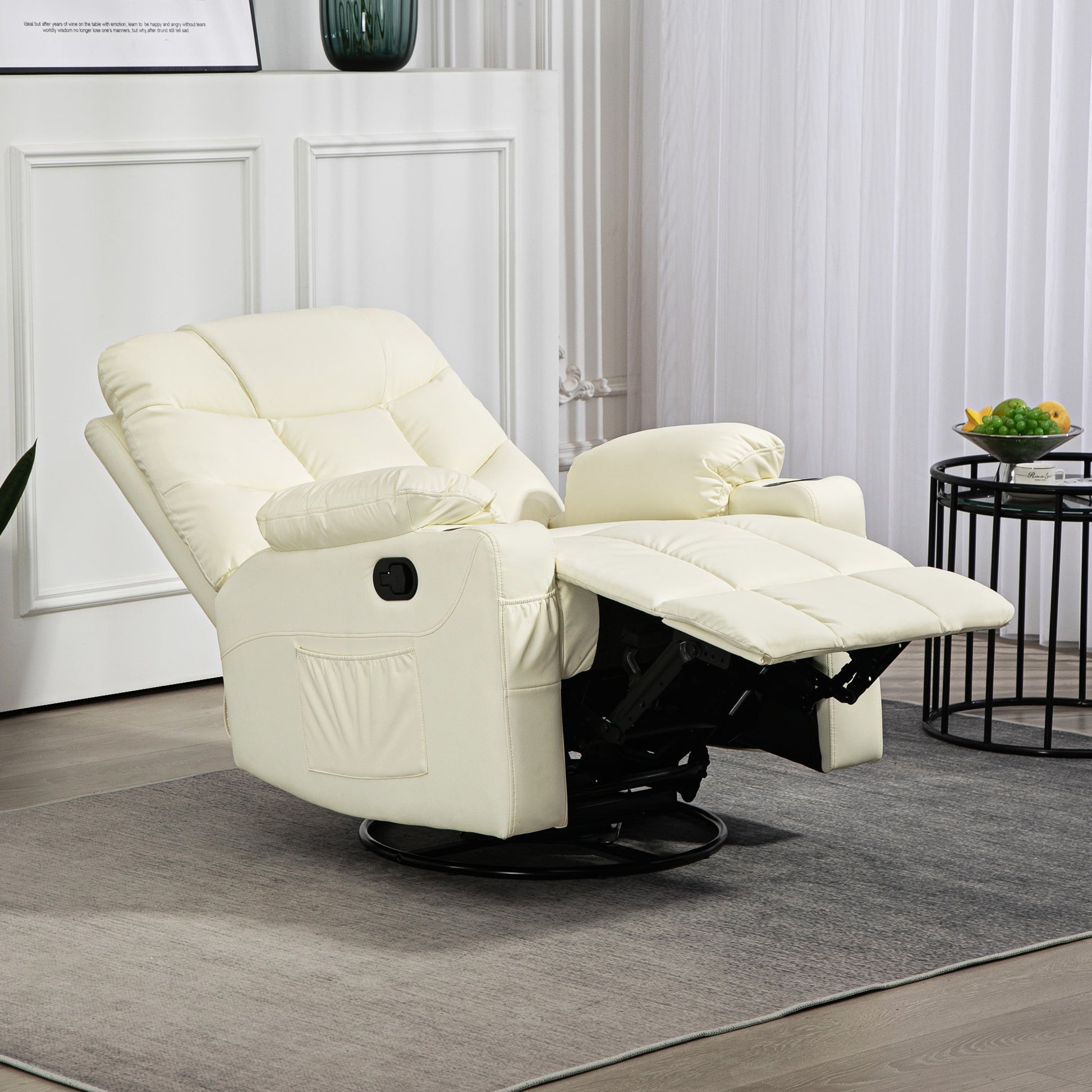 Manual Reclining Chair, Recliner Armchair with Swivel, Faux Leather, Footrest, Cup Holders, 86x93x102cm, Cream | HOMCOM-7