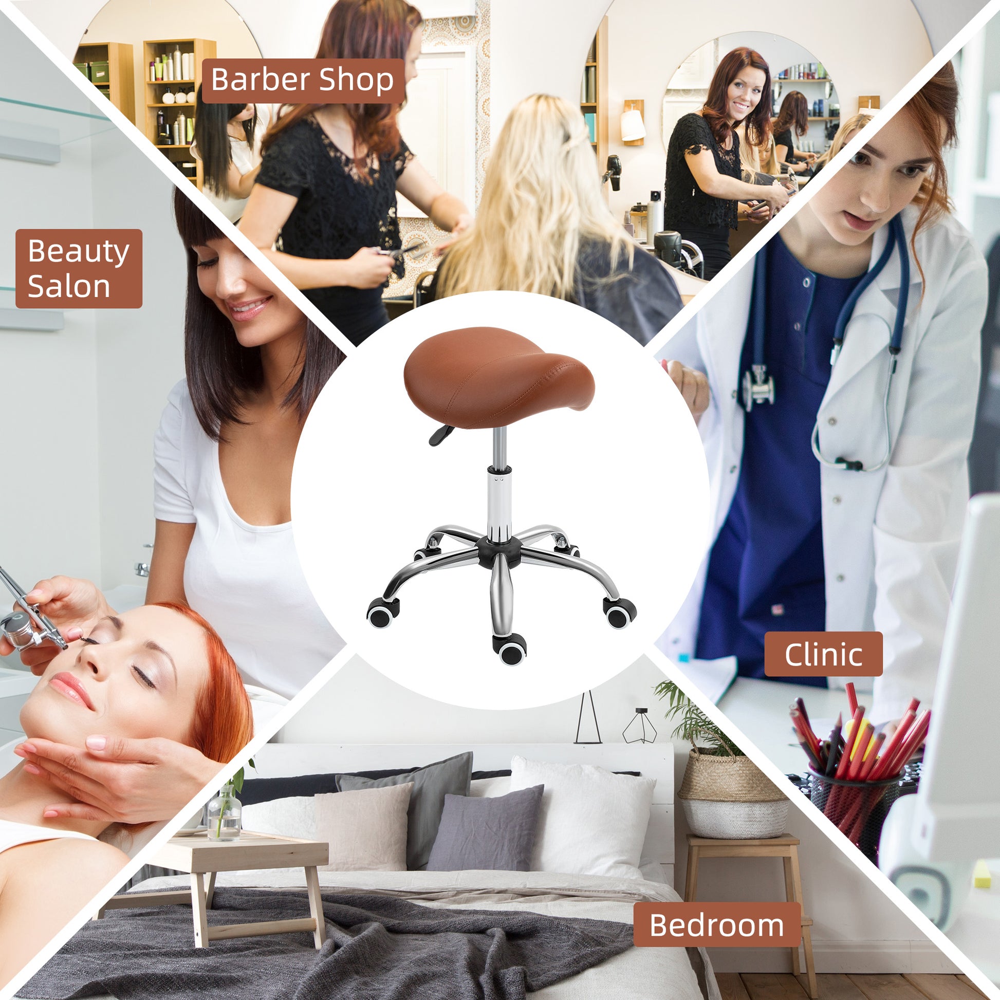 Saddle Stool, Height Adjustable Salon Chair for Massage Spa, Faux Leather, Brown | HOMCOM-3