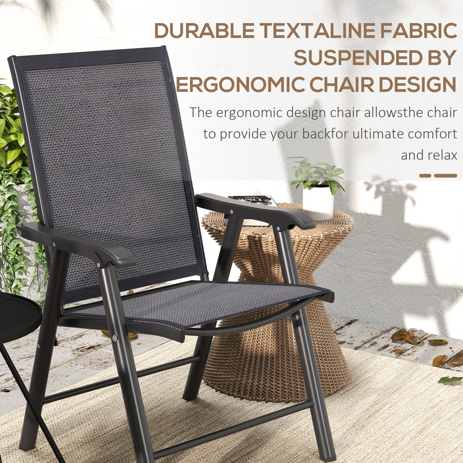 Set of 4 Folding Garden Chairs, Metal Frame Garden Chairs Outdoor Patio Park Dining Seat with Breathable Mesh Seat, Dark Grey by Outsunny-2