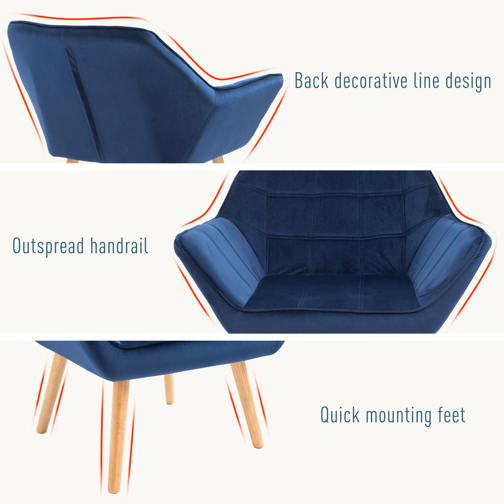 Home Accent Armchair Wide Arms Slanted Back Padding Iron Frame Wooden Legs in Blue | HOMCOM-3