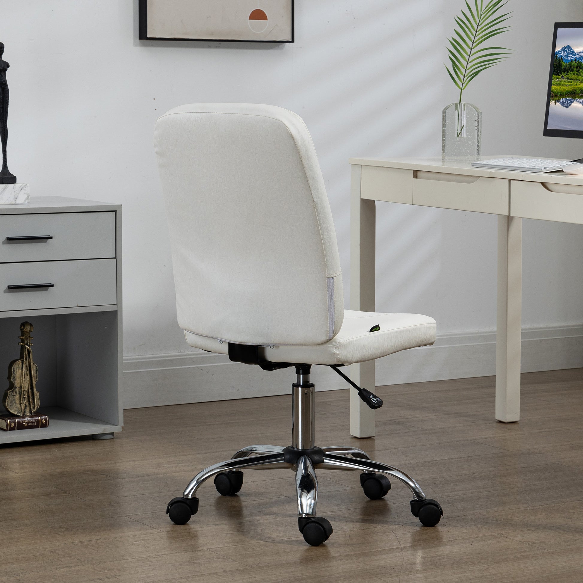 Computer Office Desk Chair, Faux Leather Desk Chair with Adjustable Height, Armless, White | Vinsetto-6
