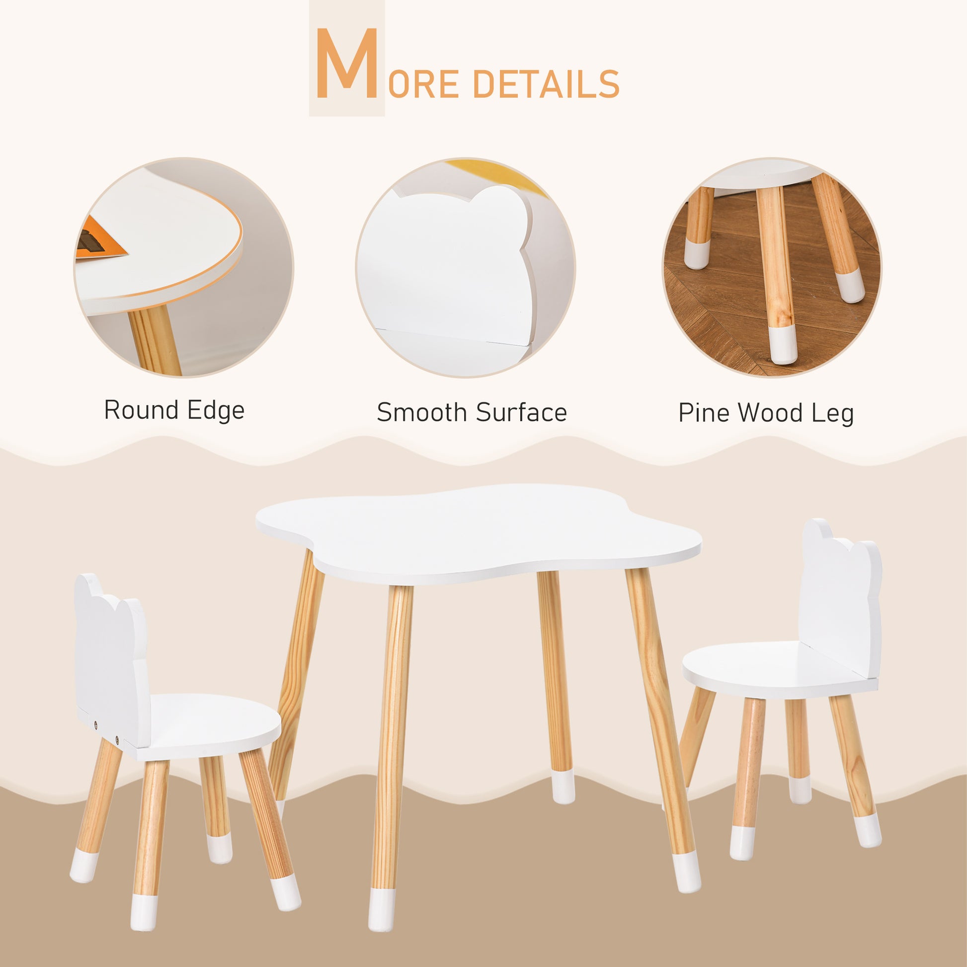 HOMCOM 3 Piece Kids Table and Chair Set with 2 Bear-shaped Chairs in White-4