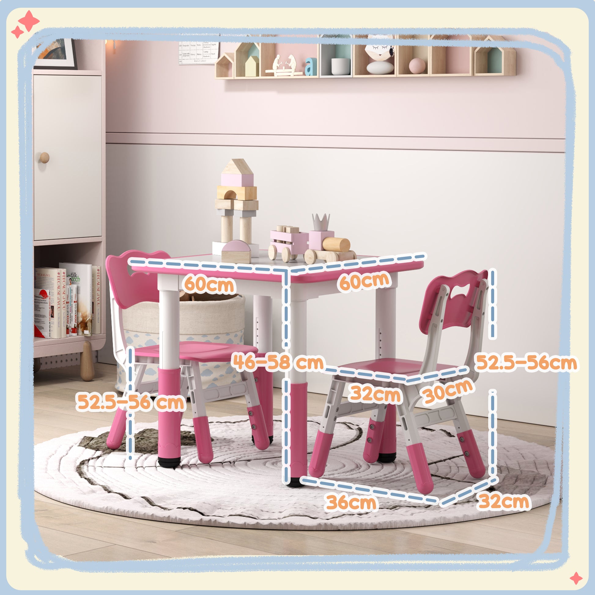 Height Adjustable Toddler Table and Chair Set, 3 Pcs Children Activity Table w/ 2 Chairs, for Playroom, Bedroom - Pink by AIYAPLAY-1