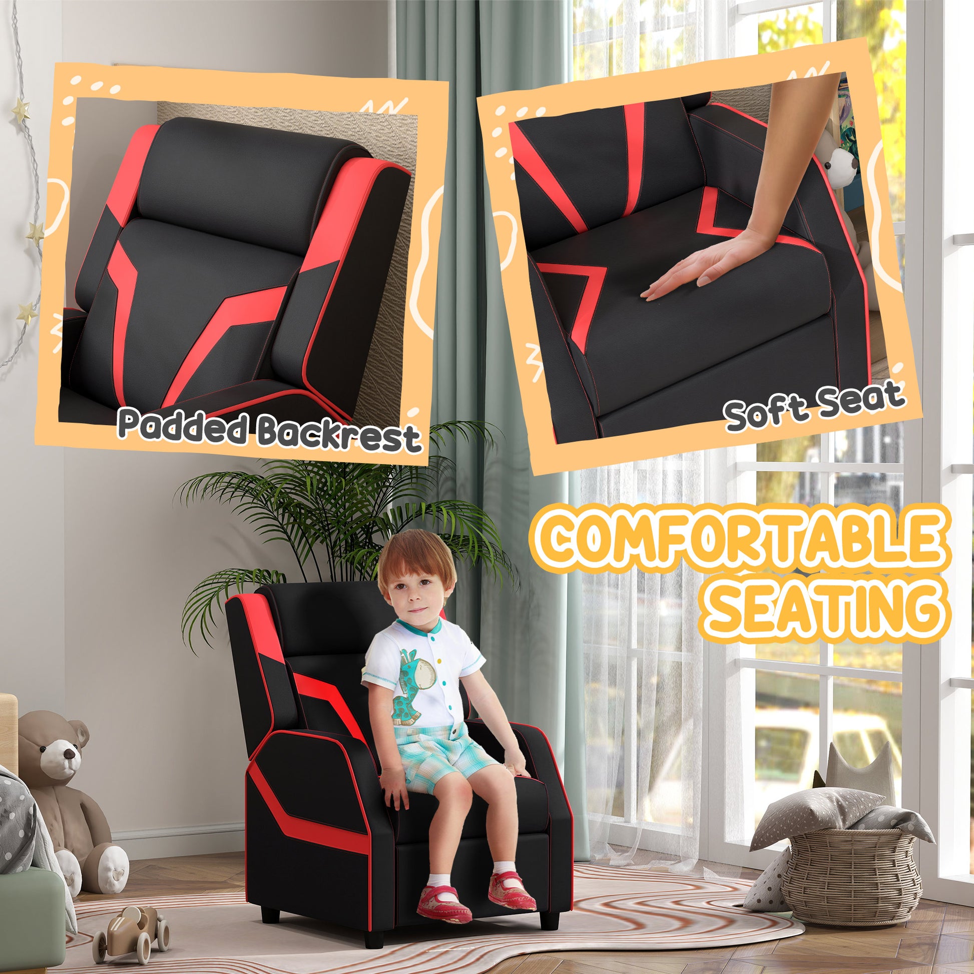 2 in 1 Black Kids Chair Recliner with Backrest, Armrest, Footrest, PU Leather for 3-9 Years Old by AIYAPLAY-3