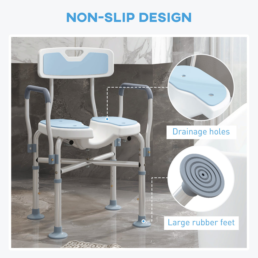 HOMCOM Shower Chair with Upgraded U-shaped Seat and Reinforced Crossbars, Height Adjustable Padded Bath Chair with Non-slip Feet for Elderly in Light Blue-5