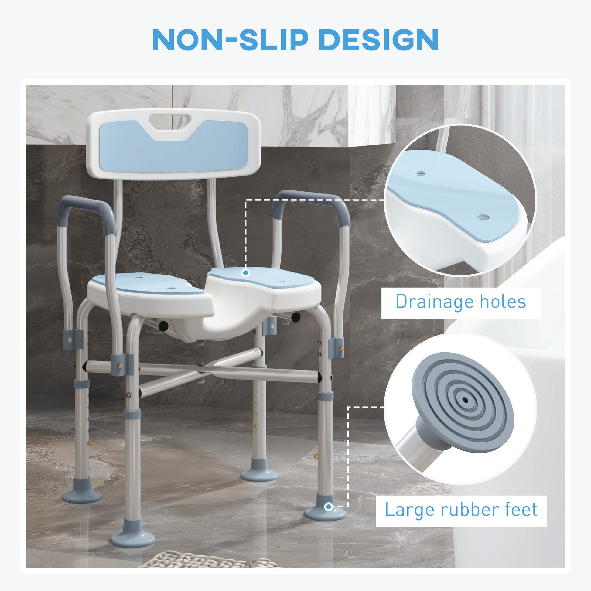 HOMCOM Shower Chair with Upgraded U-shaped Seat and Reinforced Crossbars, Height Adjustable Padded Bath Chair with Non-slip Feet for Elderly in Light Blue-5