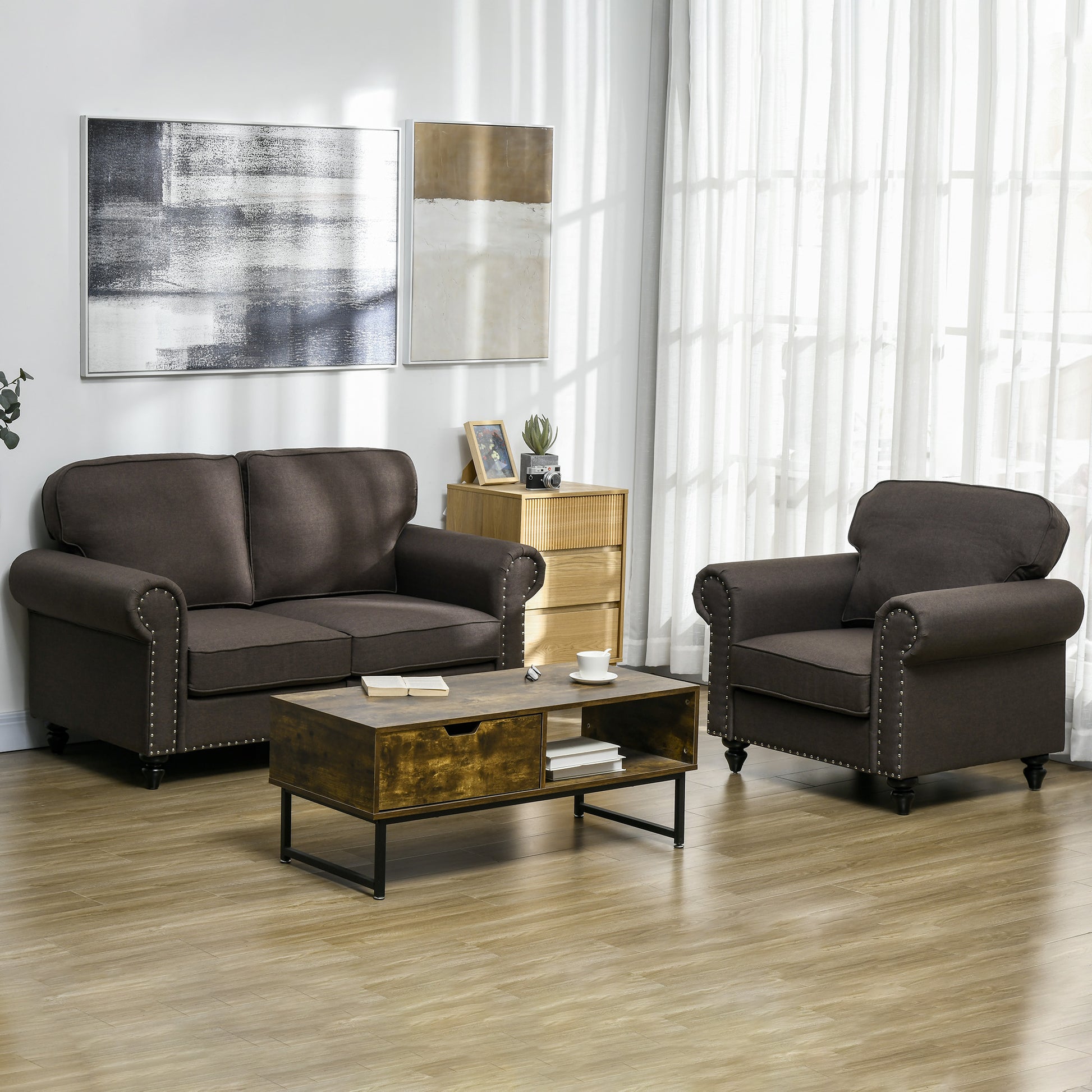 Mid-Century Armchair, Single Sofa with Pocket Springs - Dark Brown | HOMCOM-5