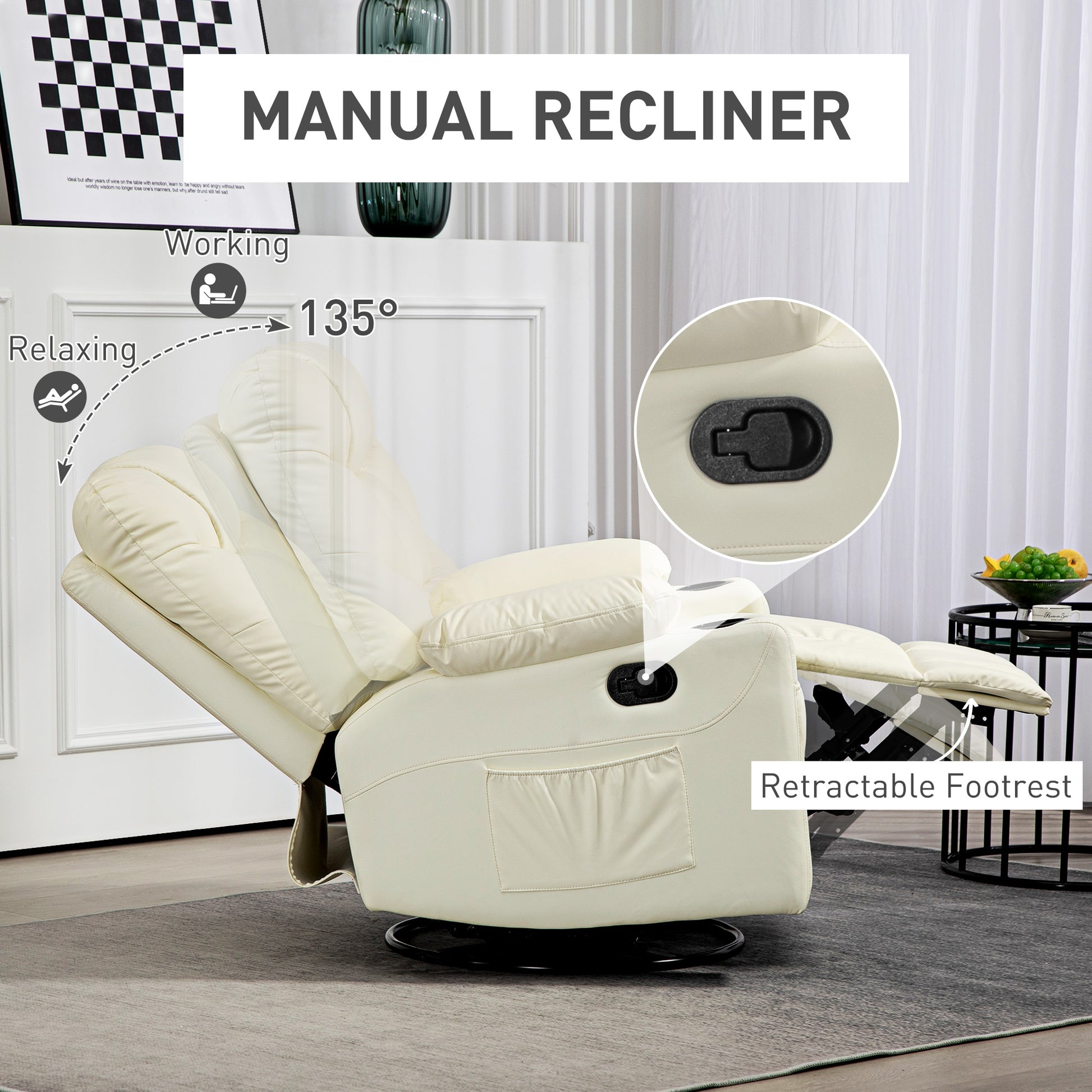 Manual Reclining Chair, Recliner Armchair with Swivel, Faux Leather, Footrest, Cup Holders, 86x93x102cm, Cream | HOMCOM-2
