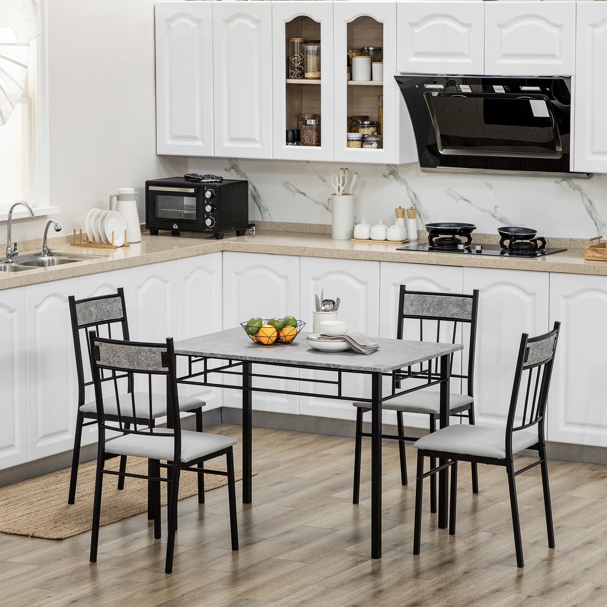 5 Pieces Dining Room Sets, Modern Dining Table and Chairs Set 4 w/ Marble Effect Tabletop, Padded Kitchen Chairs, Light Grey | HOMCOM-8