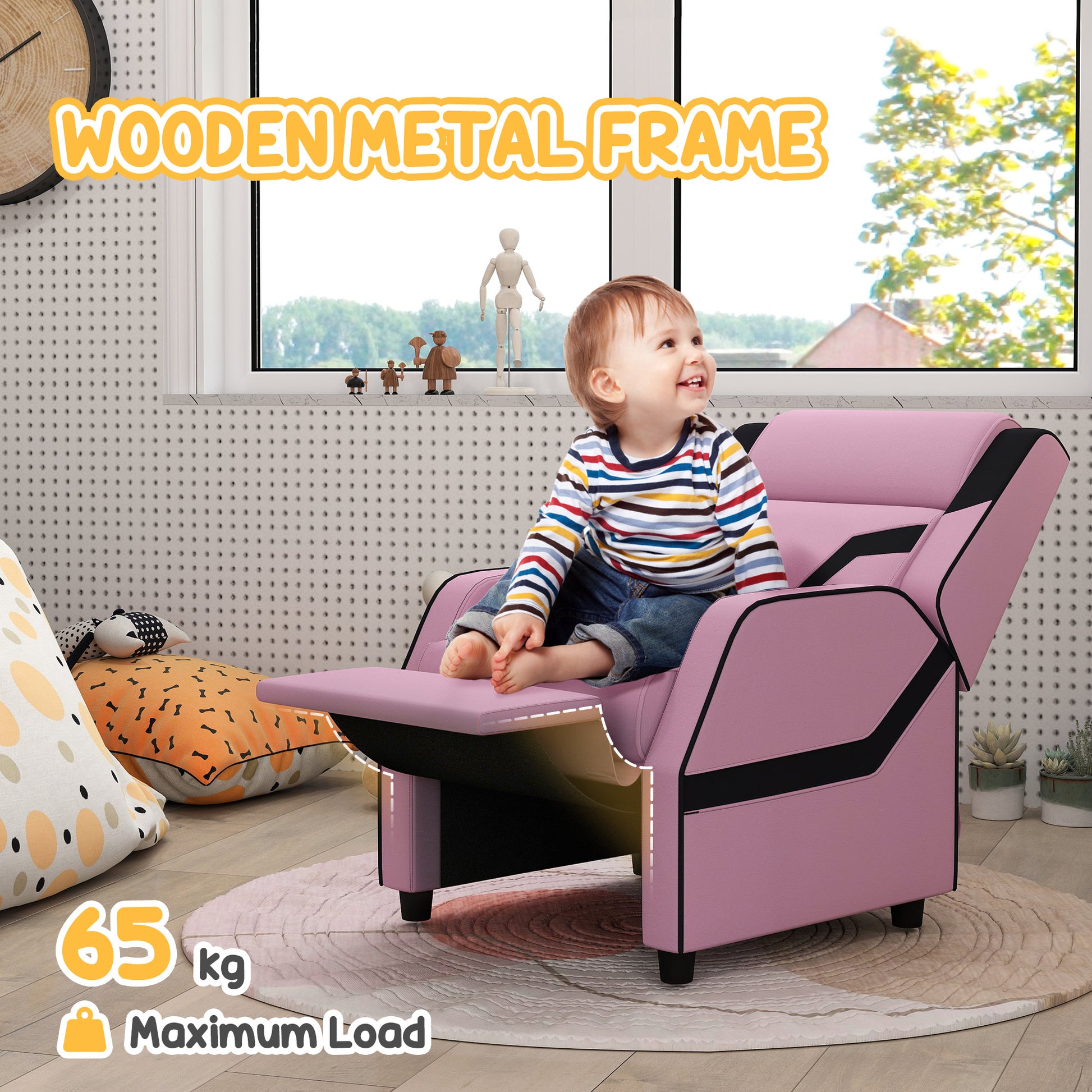 Pink Kids Reclining Chair with Backrest, Armrest, Footrest, PU Leather, for 3-9 Years Old by AIYAPLAY-4