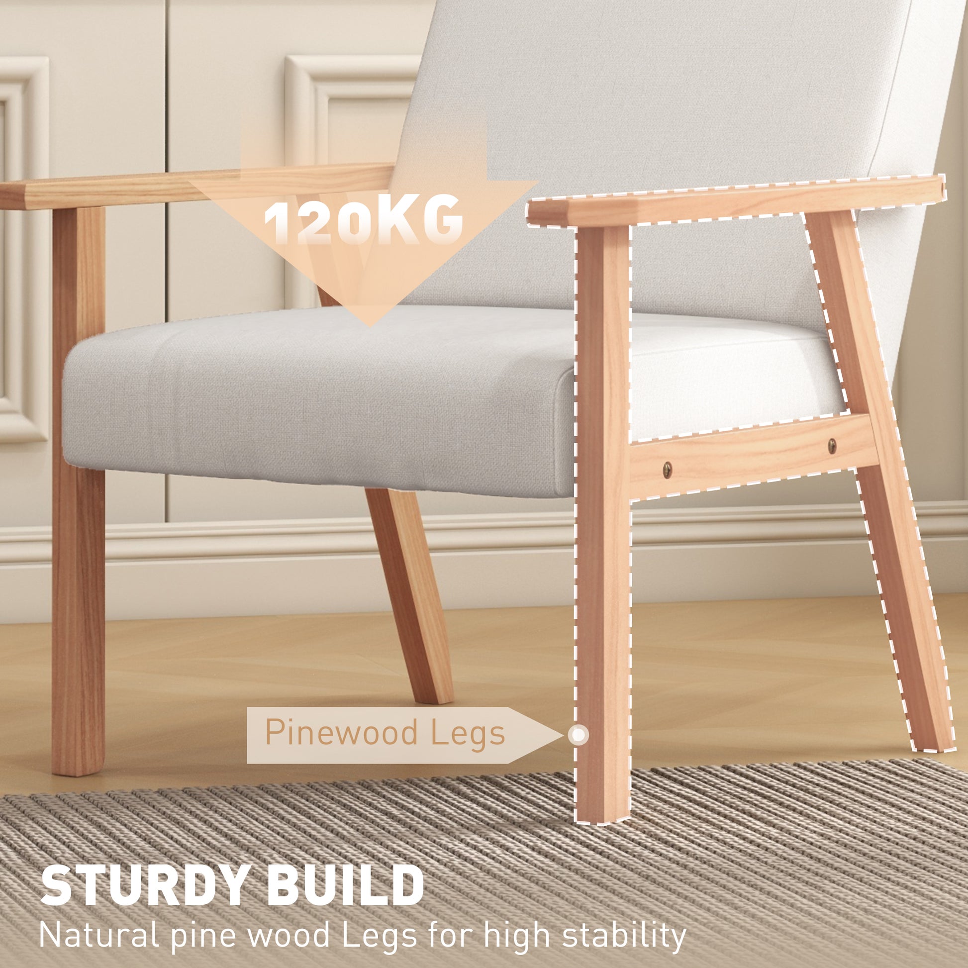 Accent Occasional Chair with Wood Frame, Thick Linen Cushions Wide Seat Armchair Home Furniture Bedroom Office, Cream White by HOMCOM-4