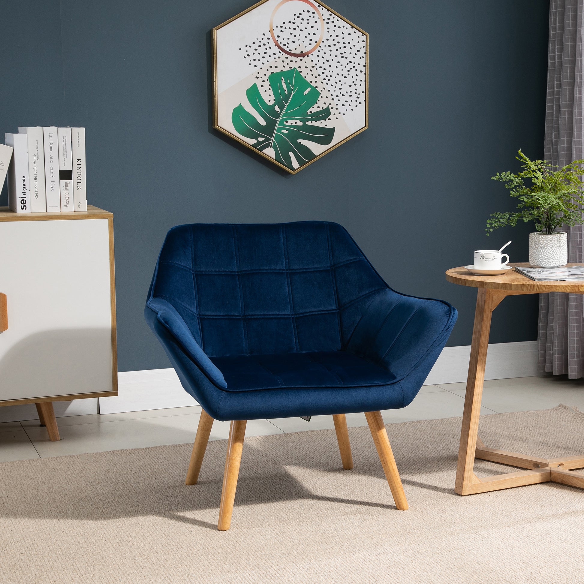 Home Accent Armchair Wide Arms Slanted Back Padding Iron Frame Wooden Legs in Blue | HOMCOM-8