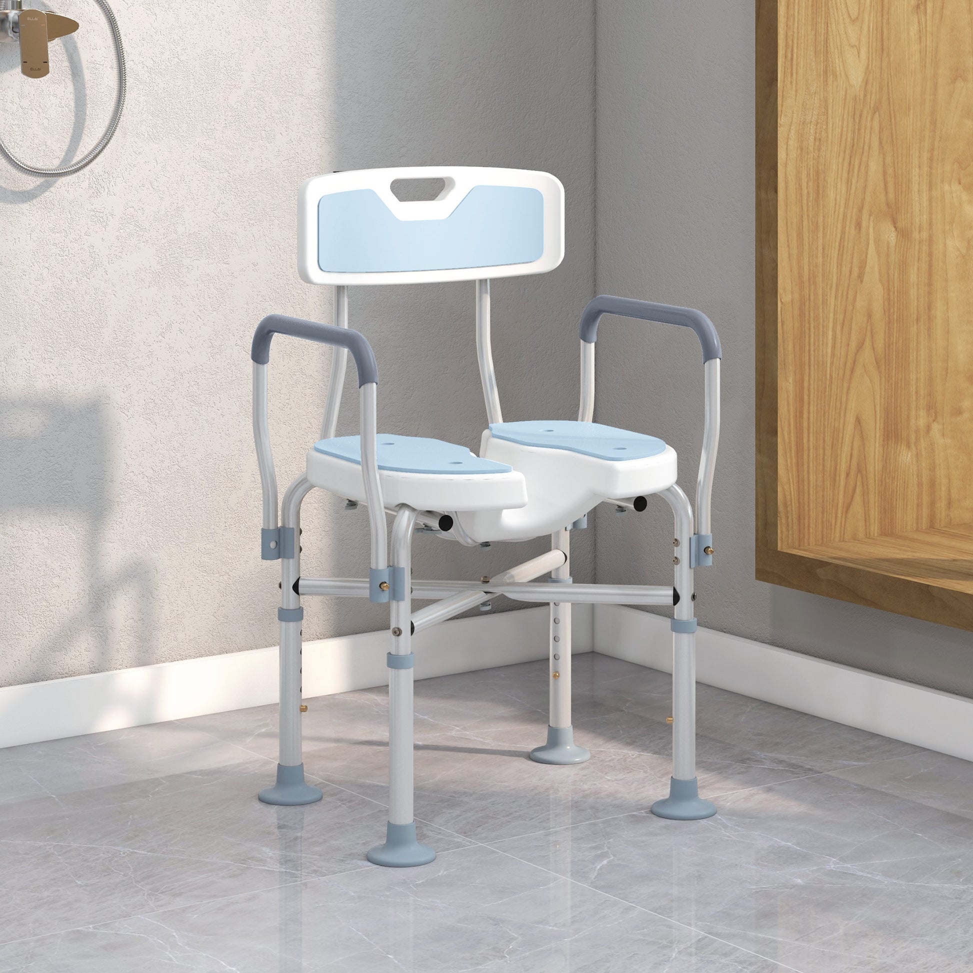 HOMCOM Shower Chair with Upgraded U-shaped Seat and Reinforced Crossbars, Height Adjustable Padded Bath Chair with Non-slip Feet for Elderly in Light Blue-8