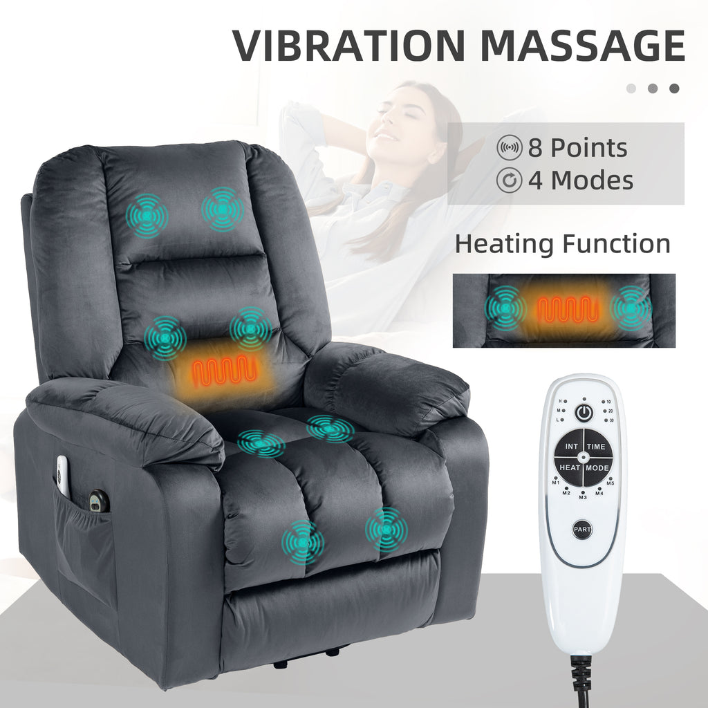 Lift Chair, Quick Assembly, Electric Riser and Recliner Chair with Vibration Massage, Heat, Side Pockets, Grey | HOMCOM-4