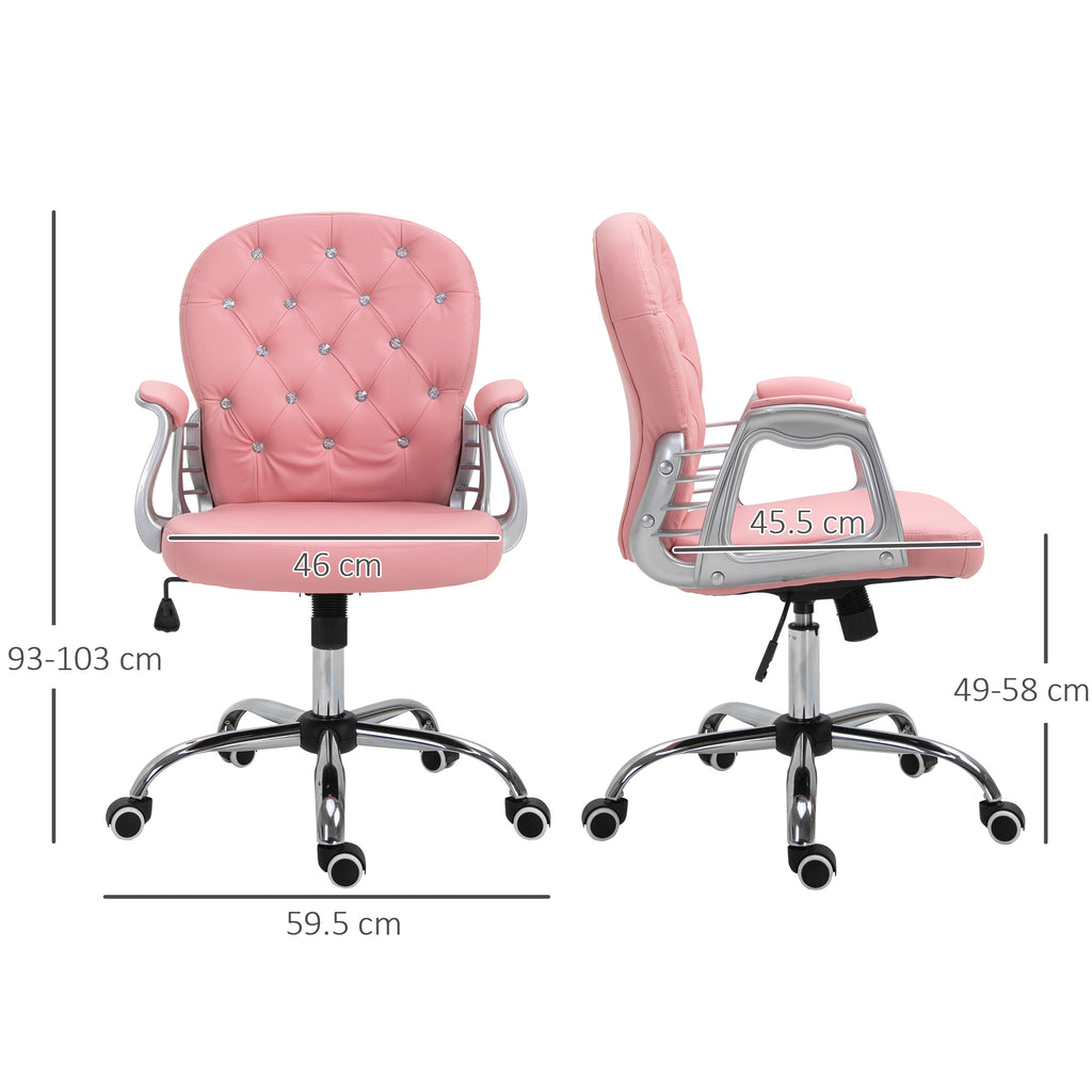 Pink Computer Desk Chair with 360° Swivel, PU Diamante Padded, Base 5 Castor Wheels, Ergonomic Desk Chair by Vinsetto-1