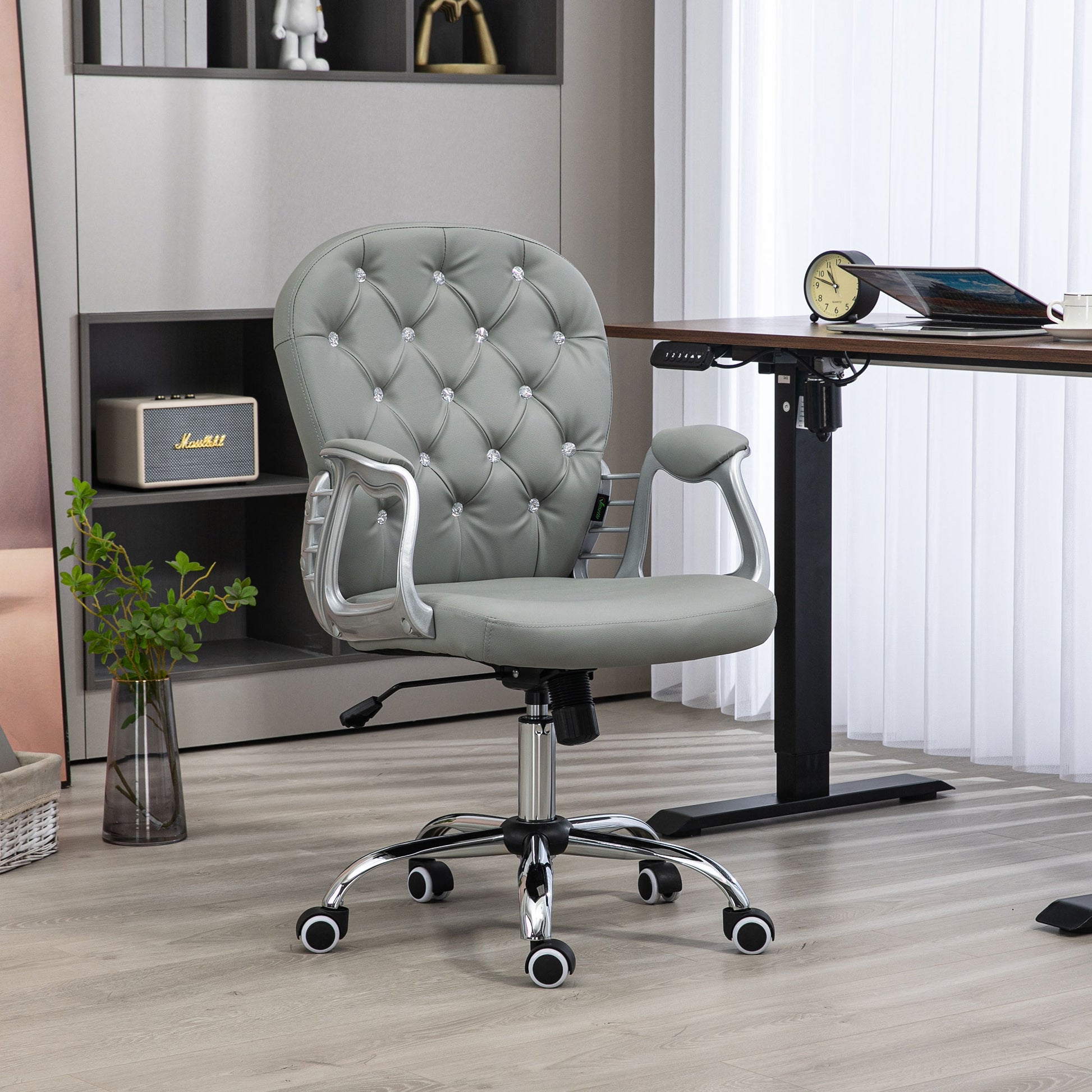 Vinsetto Ergonomic Computer Desk Chair with 360° Swivel, PU Diamante Padded, Base 5 Castor Wheels in Grey-8