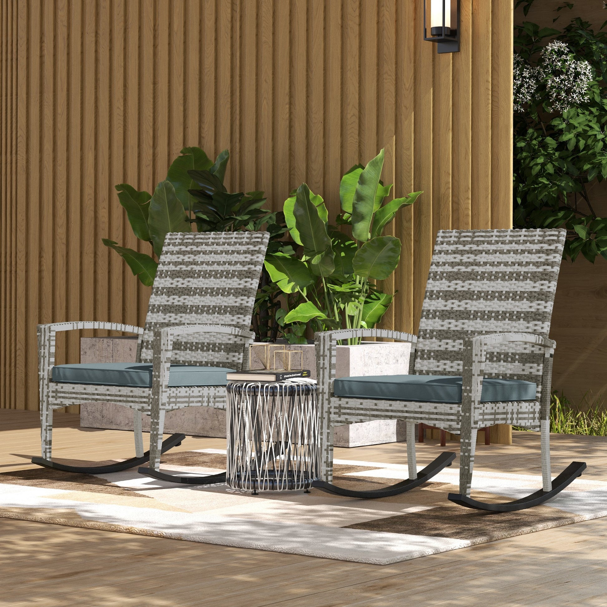 Garden PE Rattan Set of 2 Rocking Chairs with Armrests and Cushion, Light Grey, Outsunny-8