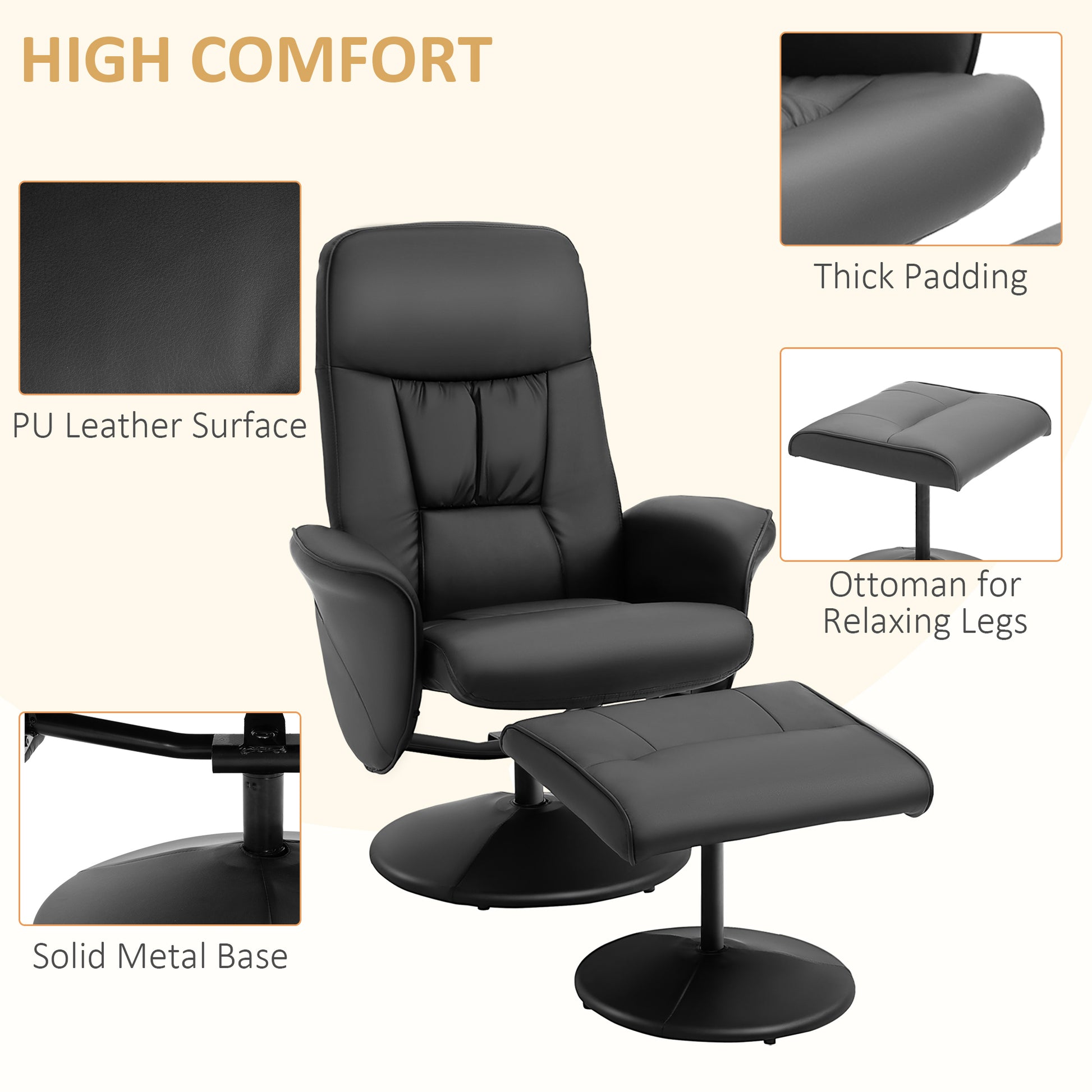 Executive Recliner Chair High Back and Footstool, Armchair Lounge Seat in Black | HOMCOM-4