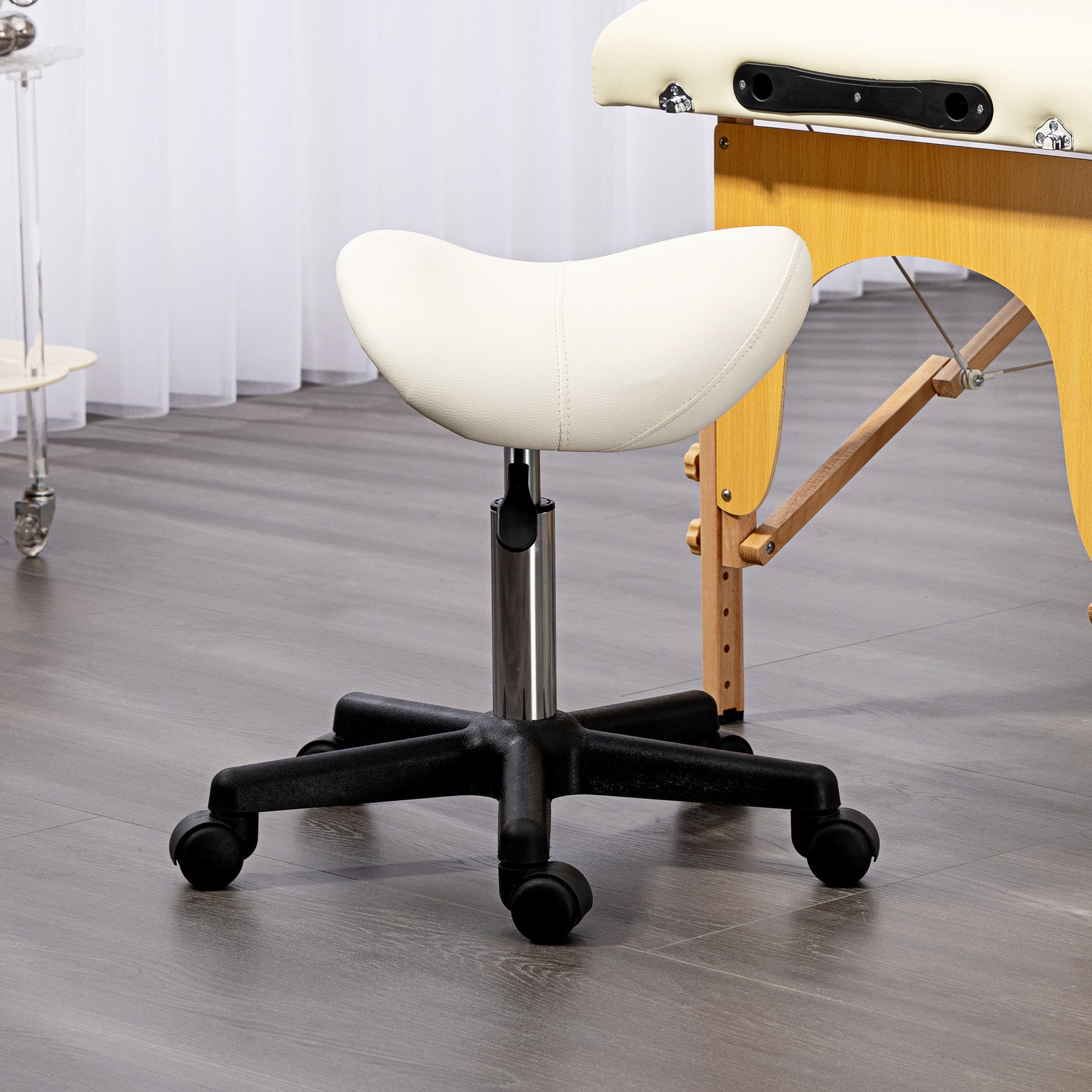 Saddle Stool, PU Leather Adjustable Rolling Salon Chair with Steel Frame for Massage, Spa, Beauty and Tattoo, White | HOMCOM-6