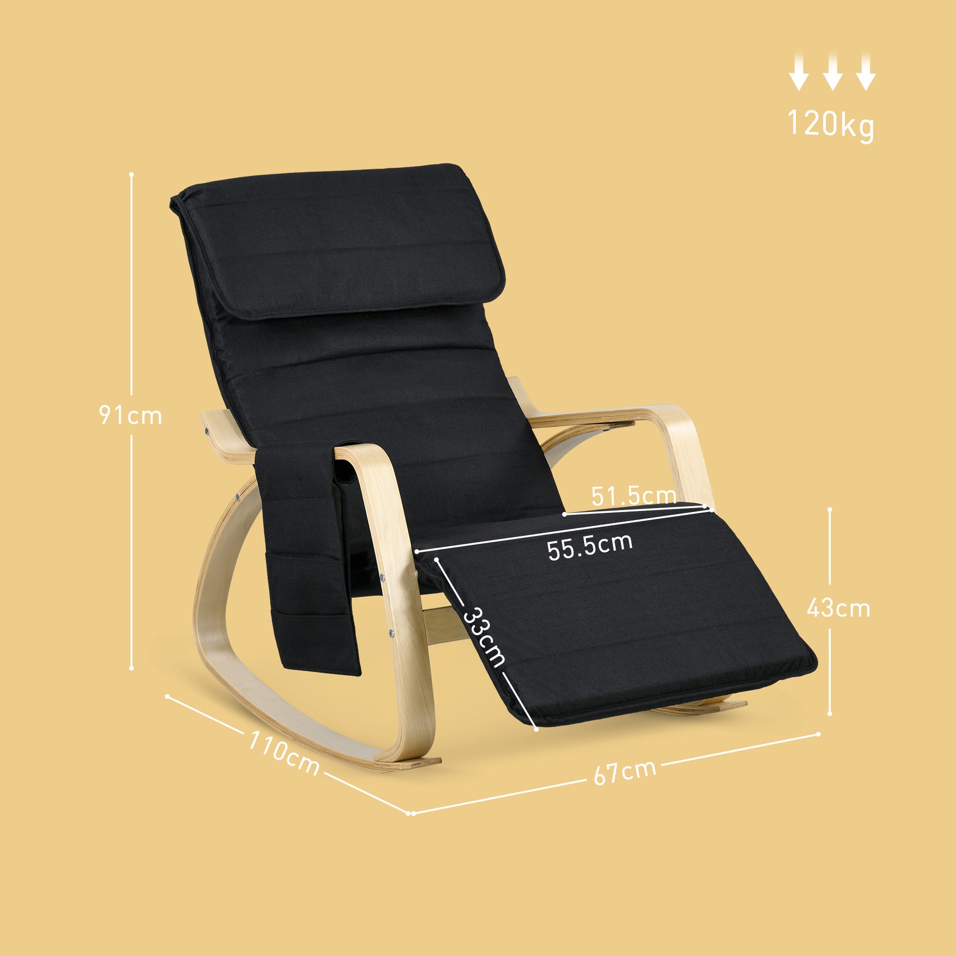 Rocking Lounge Chair Recliner Relaxation Lounging Relaxing Seat with Adjustable Footrest, Side Pocket and Pillow, Black by HOMCOM-1