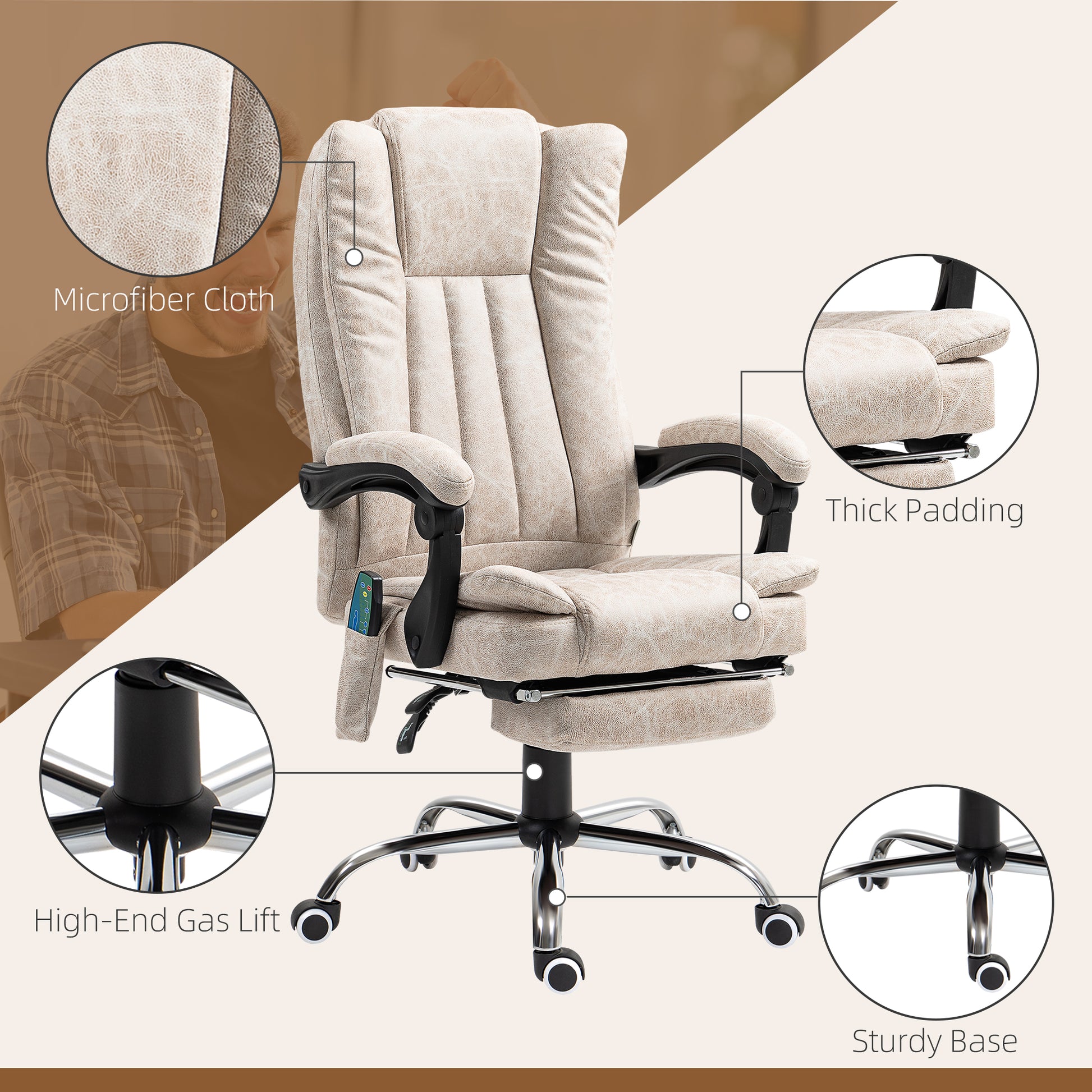 Vibrating Massage Office Chair with Heat, Executive Office Chair with Height Adjustable and Footrest, Cream White | Vinsetto-5