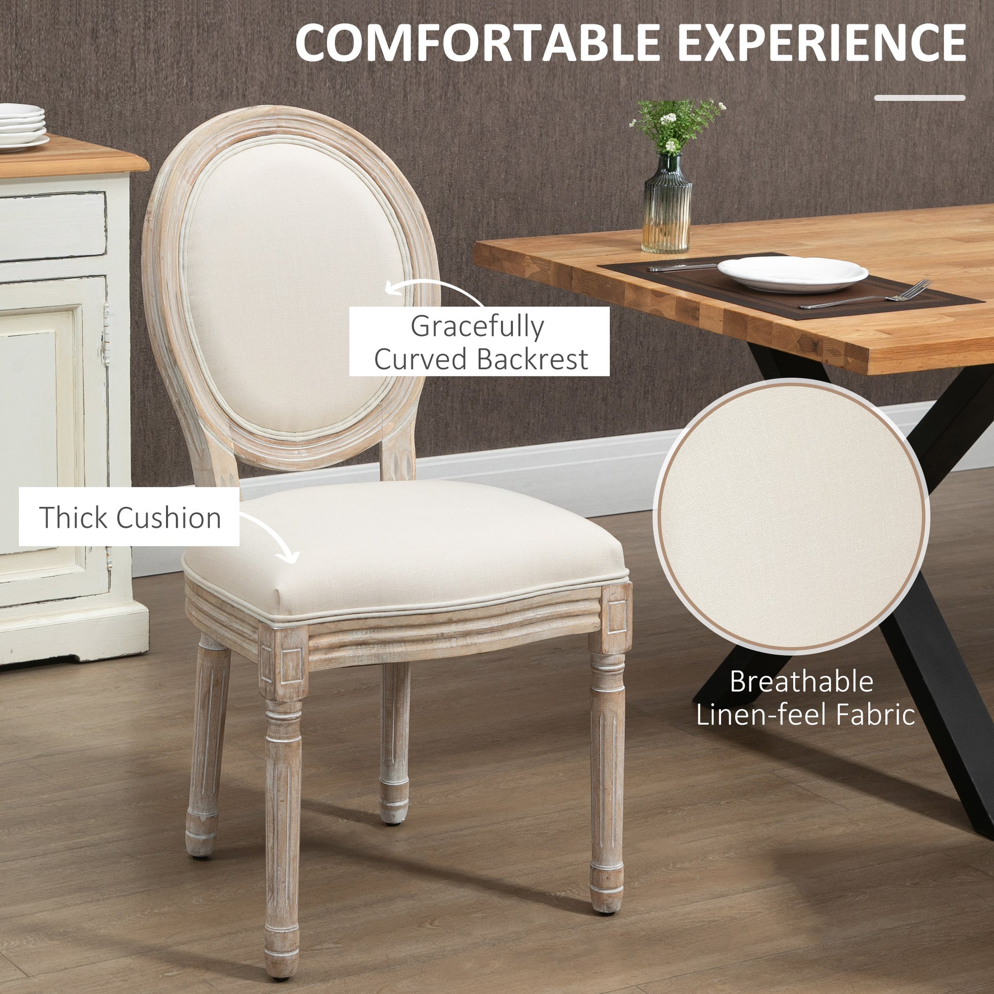 Dining Chairs Set of 2, French-Style Kitchen Chairs, Armless Accent Chairs with Backrest and Linen-Touch Upholstery, Cream | HOMCOM-3