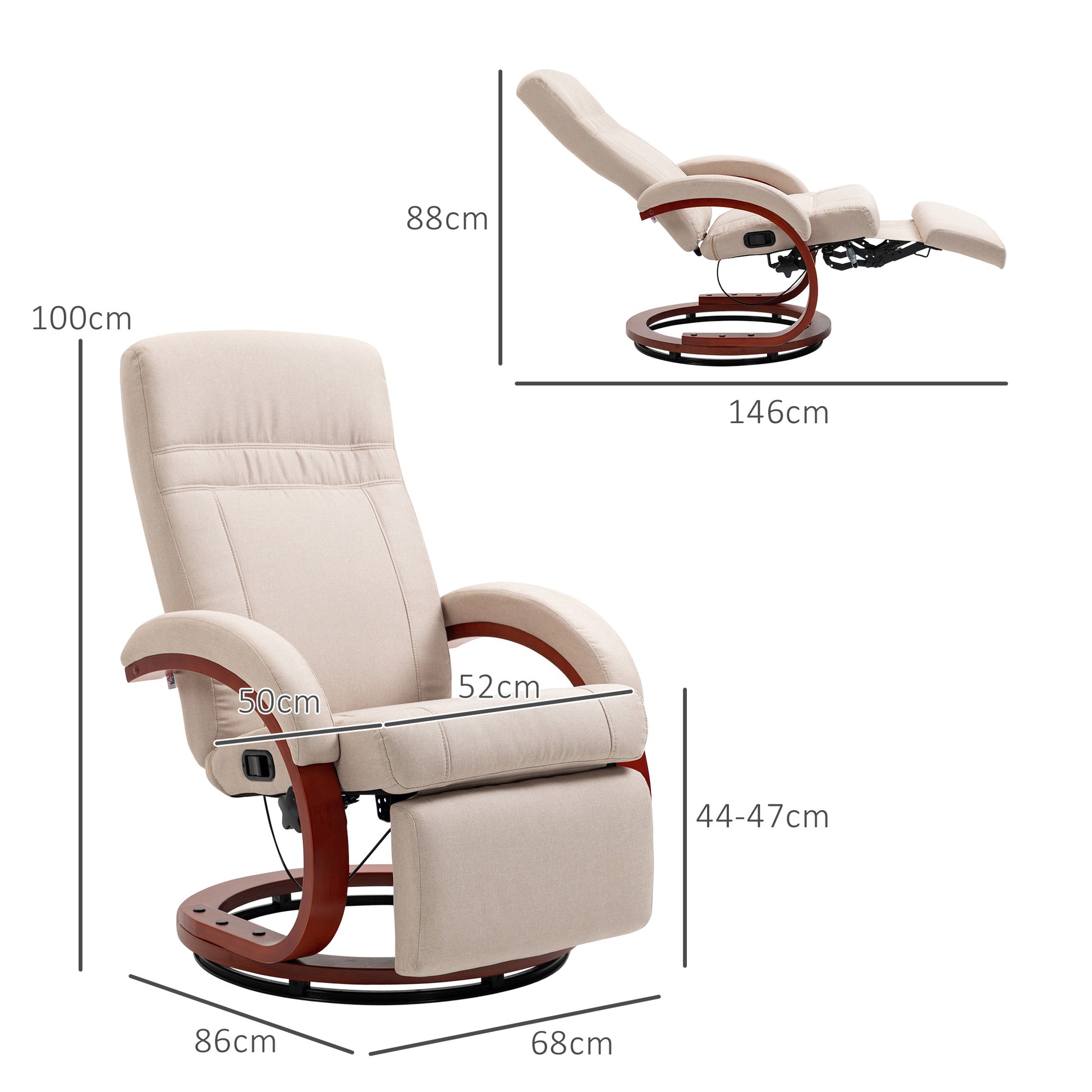 Swivel Recliner Chair with Extended Footrest, Manual Reclining Armchair with Wood Base for Living Room, Bedroom, Beige | HOMCOM-1